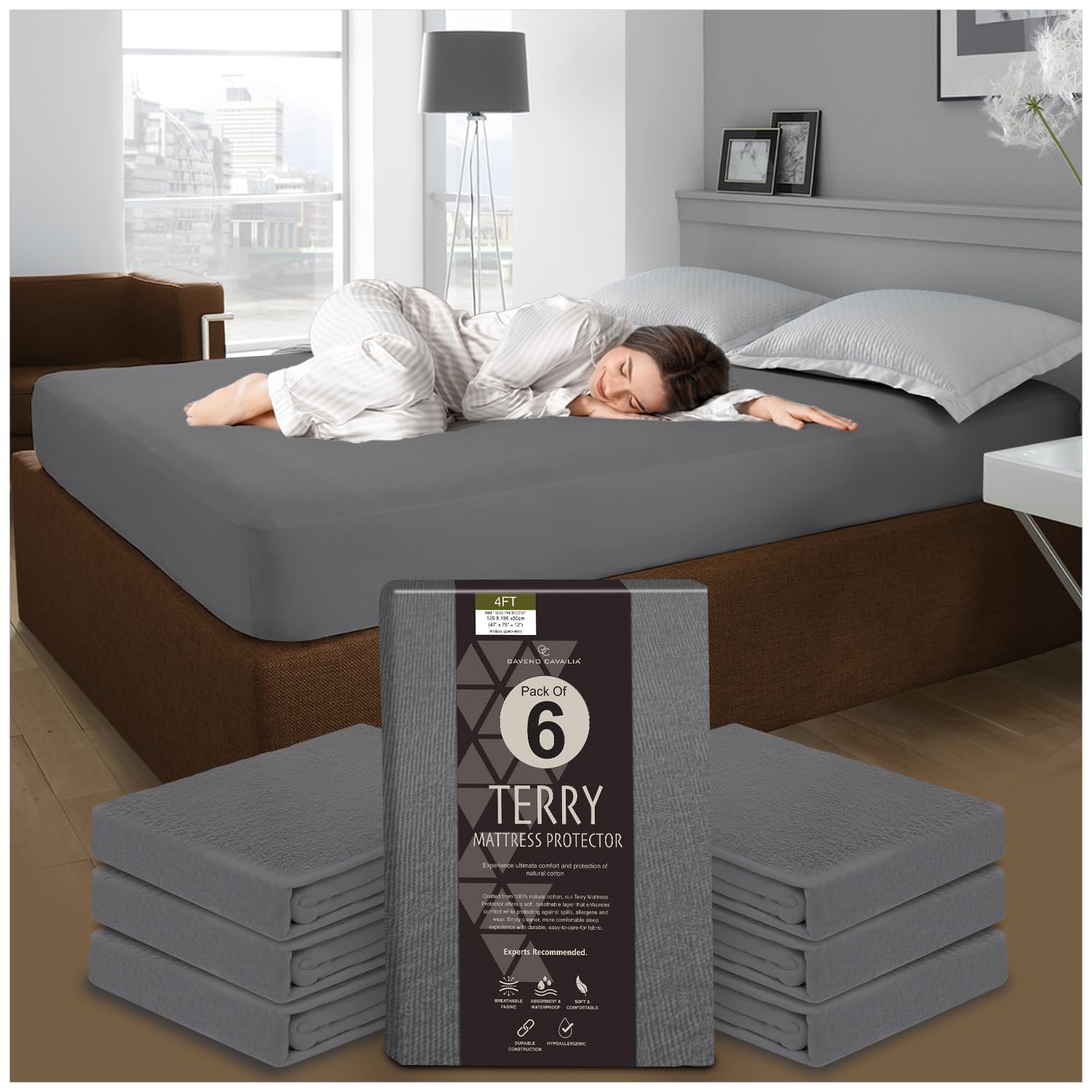 GC GAVENO CAVAILIA Extra Deep Terry Towelling Mattress Protectors - 6 Pack Mattress Protector 4ft Bed Fitted Sheet - Waterproof Mattress Cover - Breathable (‎190 x 122cm) - Charcoal — image 1