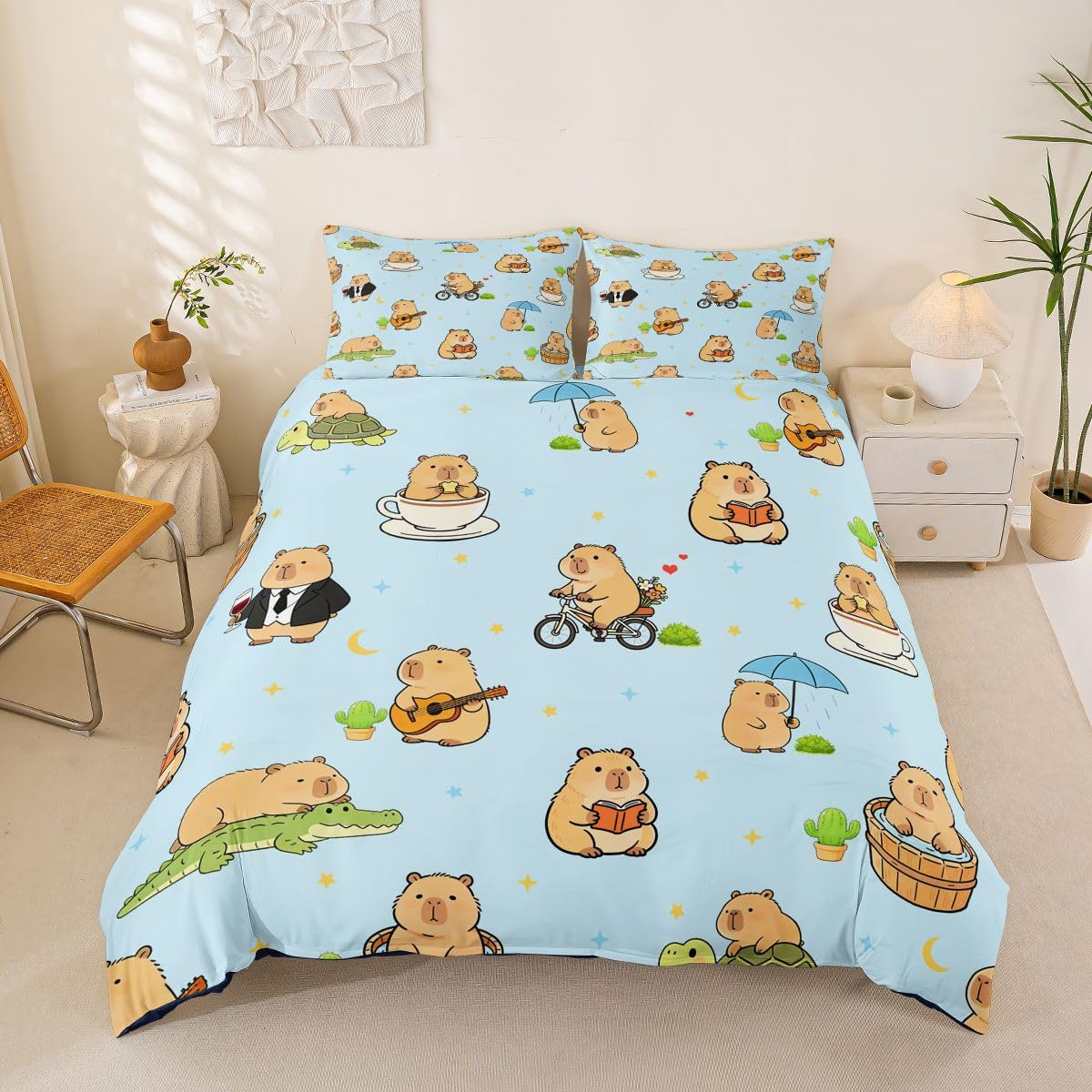 Homewish Set di biancheria da letto con copripiumino per bambini e ragazzi, motivo con stelle e simpatici porcellini d'India, per amanti dei Capybara