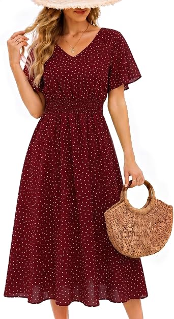 Gardenwed Chiffon Floral Dresses Summer Midi Wedding Guest Dress V Neck for Women Elastic Waist
