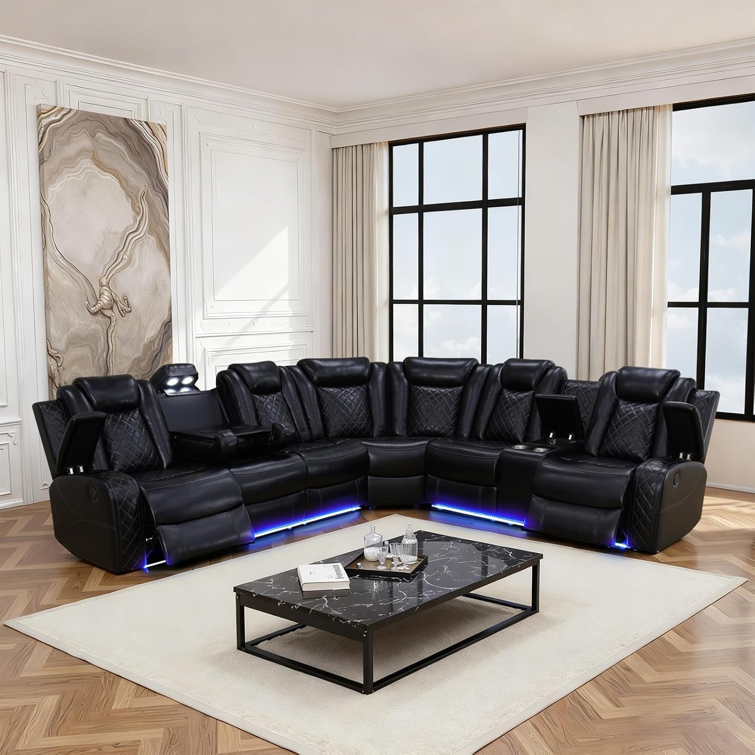 Recliner Sofa Power Recliner Set with LED Light for Living Room, Air Leather Sectional Sofa Set with Wireless Power, Cup Holder, Storage Console for Home Theater Seating, Black