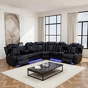 Somieqy Power Recliner Sectional Sofa with LED Light and Wireless Charging