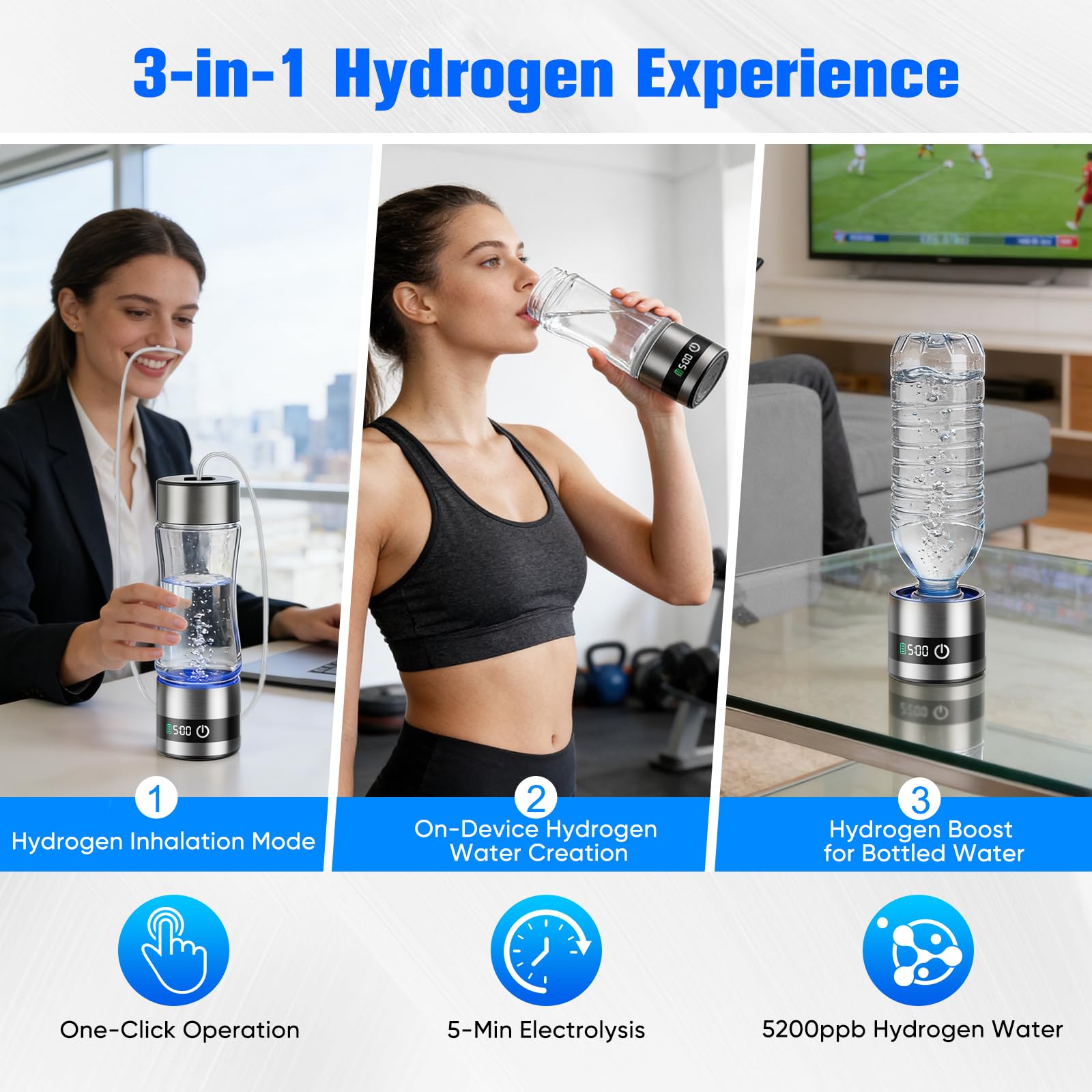 Bouteille d'eau hydrogénée avec affichage numérique, 460 ml Bouteille d'eau hydrogénée portable en verre avec technologie 5200 PPB & SPE, eau riche en hydrogène en 5 minutes (5200 PPB - 460 ml)