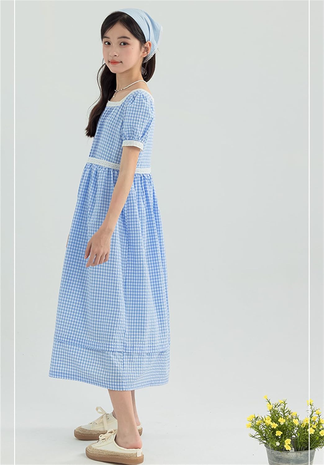 [Kanu Surf] キッズ ワンピース 半袖 パフスリーブ ドレス 綿 女の子 夏ワンピース チェック柄 レース プリンセスドレ