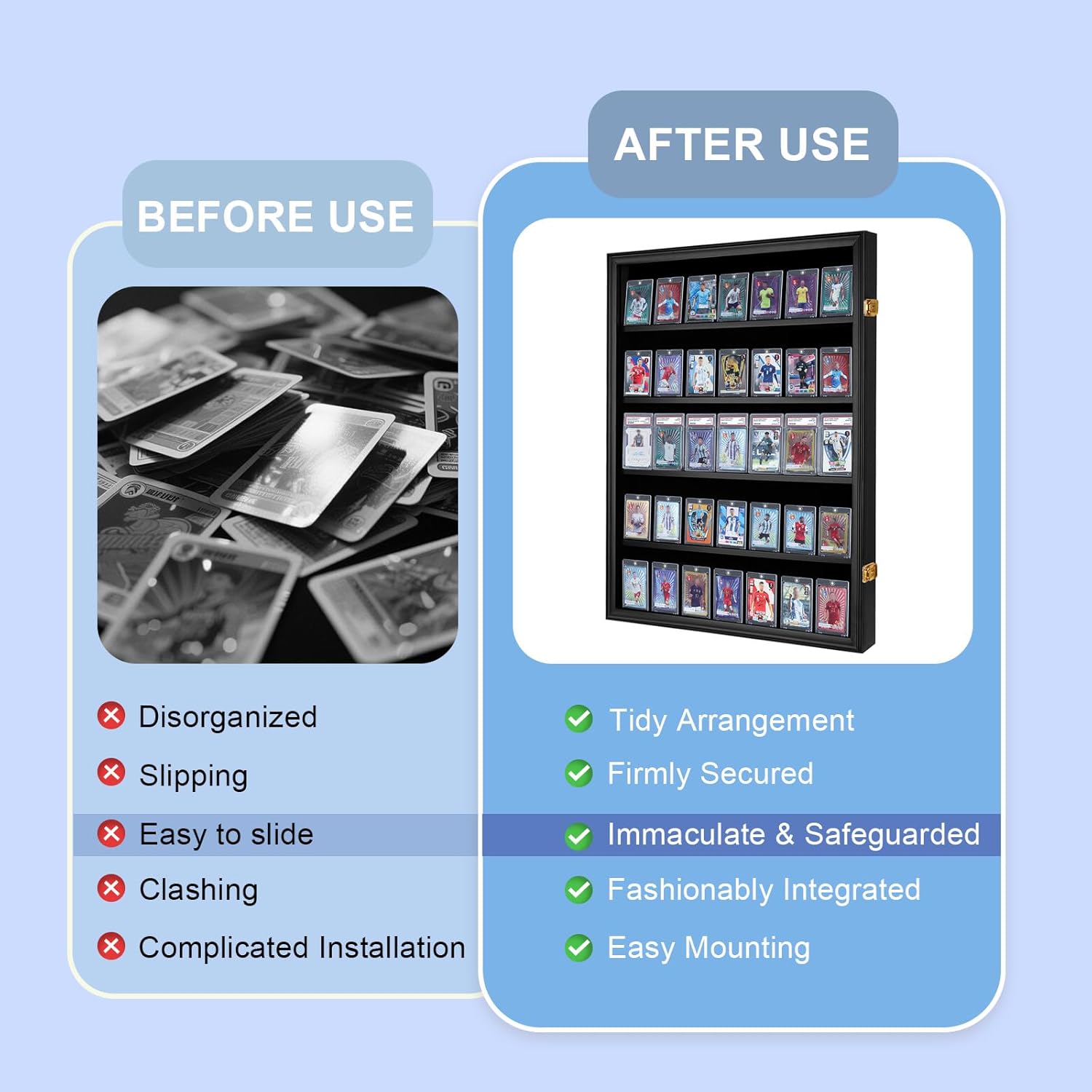 Baseball Card Display Case, Wooden Wall Cabinet with 35 Card Slots, with UV Protection Used for Displaying Graded Sports Cards of Football,Basketball,Soccer and Hockey.