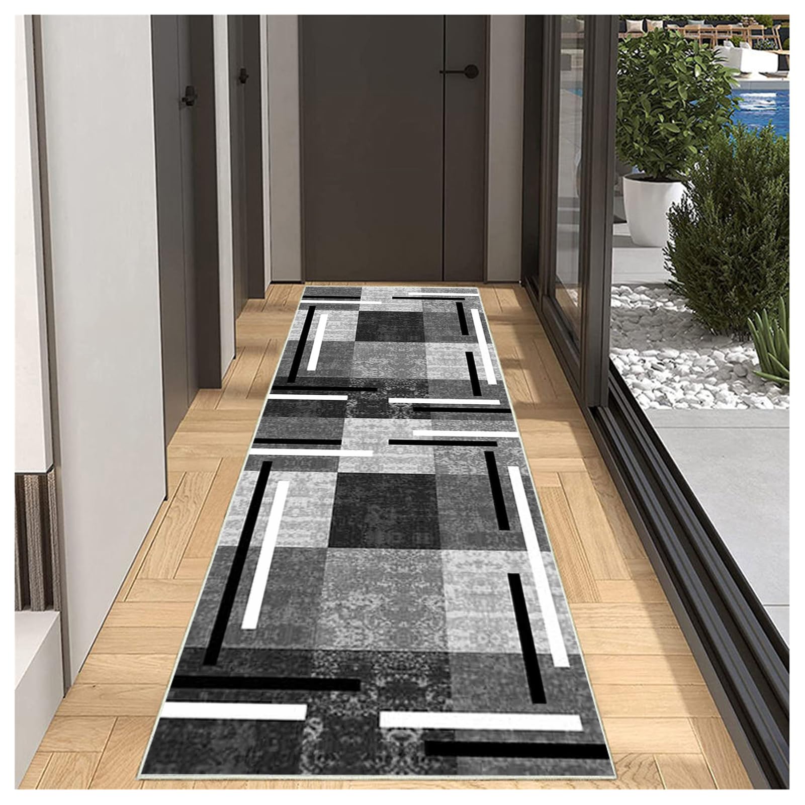 Nowoczesny geometryczny dywanik 120 x 150 cm antypoślizgowy czerwony/szary stylowy patchworkowy design idealny do kuchni, przedpokoju, salonu, biura i wejścia - dywan na płytki / podłogi drewniane