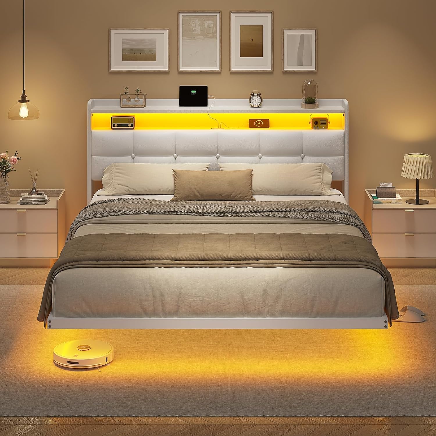 AOGLLATI Cama de matrimonio de 160 x 200 cm con efecto visual levitante, estructura de cama con LED y estación de carga, cama con cabecero acolchado y estructura de metal, sin colchón, color blanco