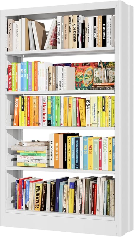 71" Metal Bookshelf, 5 Tier Library Bookcase with Adjustable Shelves, Heavy Duty Bookshelves and Bookcases, Modern Book Shelf Tall Book Case for Living Room, Office (White, 37.4" Wide)