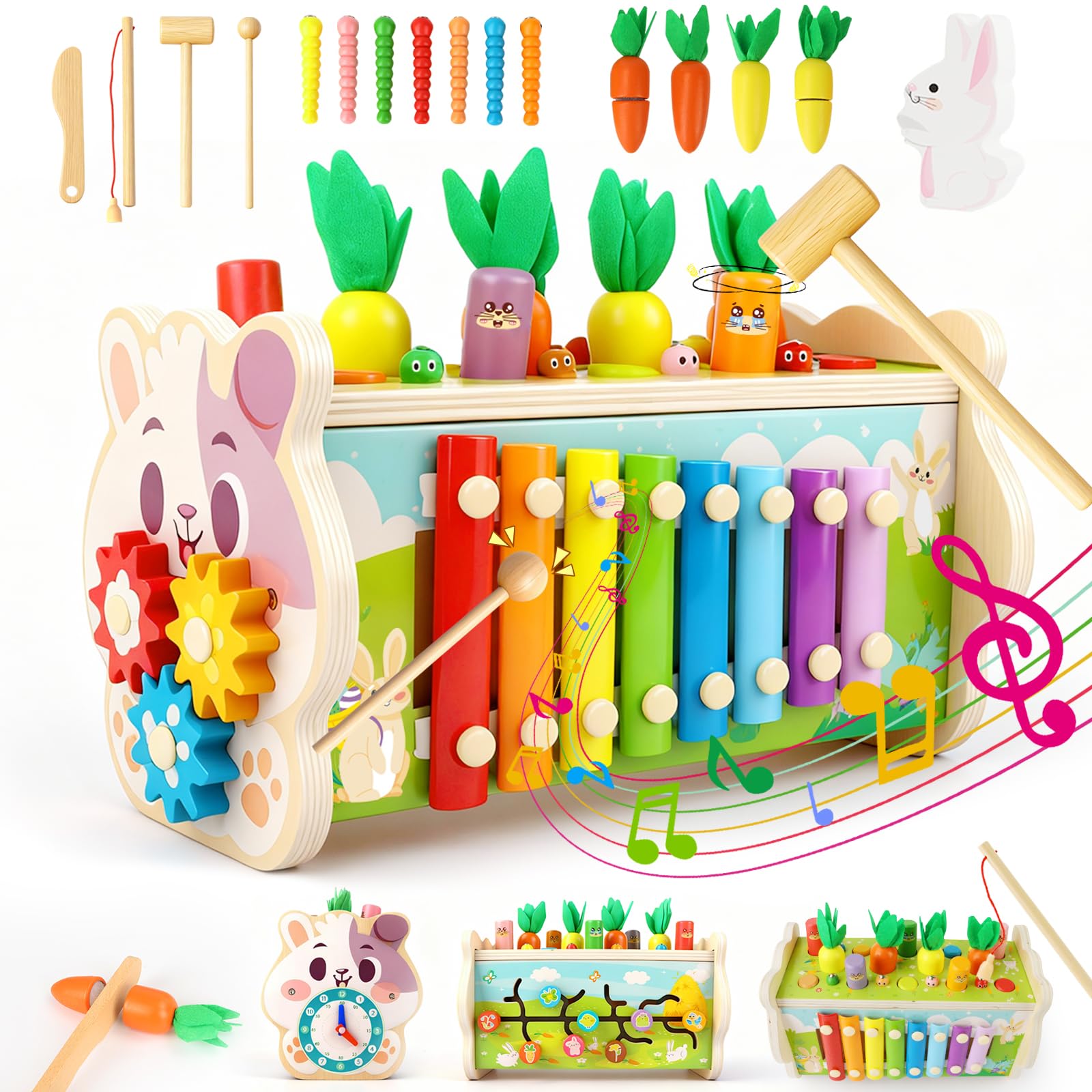 BuzzoXerex Juguetes Montessori 1 Años, 9 en 1 Juguetes Madera con Juguete de Martillo, Xilofono, Juego de Pesca y Laberinto Numérico, Interactivo Educativos Regalo Niño 1 2 3 4 Años