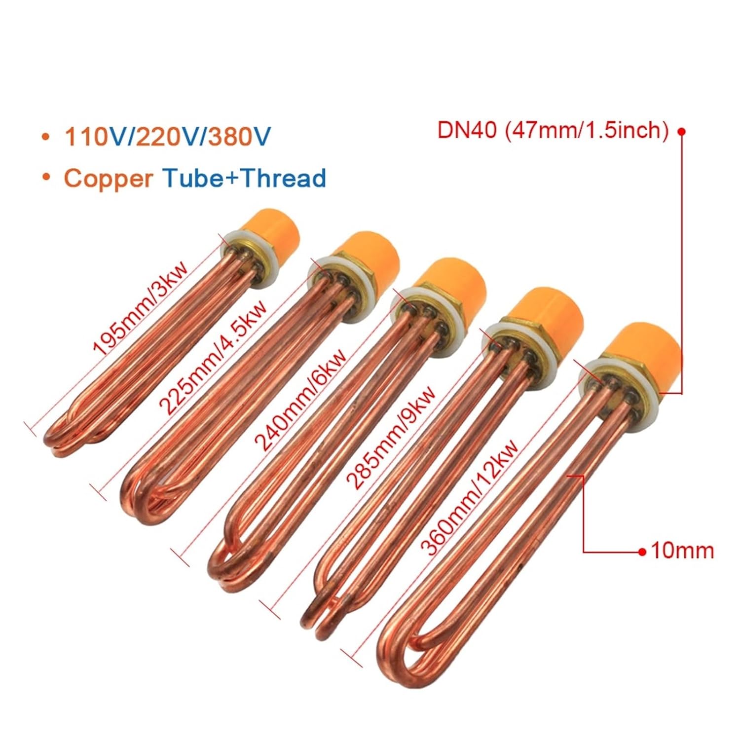 1Pcs DN40(47mm) Water Heater Element for Boiler 110V/220V/380V Copper Thread Copper Tube 3KW/4.5/6/9/12(Heater only,220V_4.5KW 225L DN40)