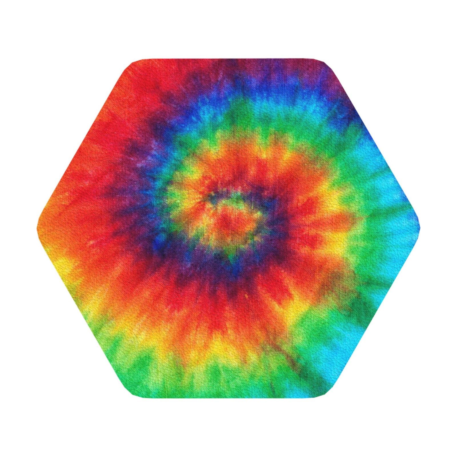 tie dye rainbow PU Leather Coasters Set of 6 Hexagon Drink Coasters