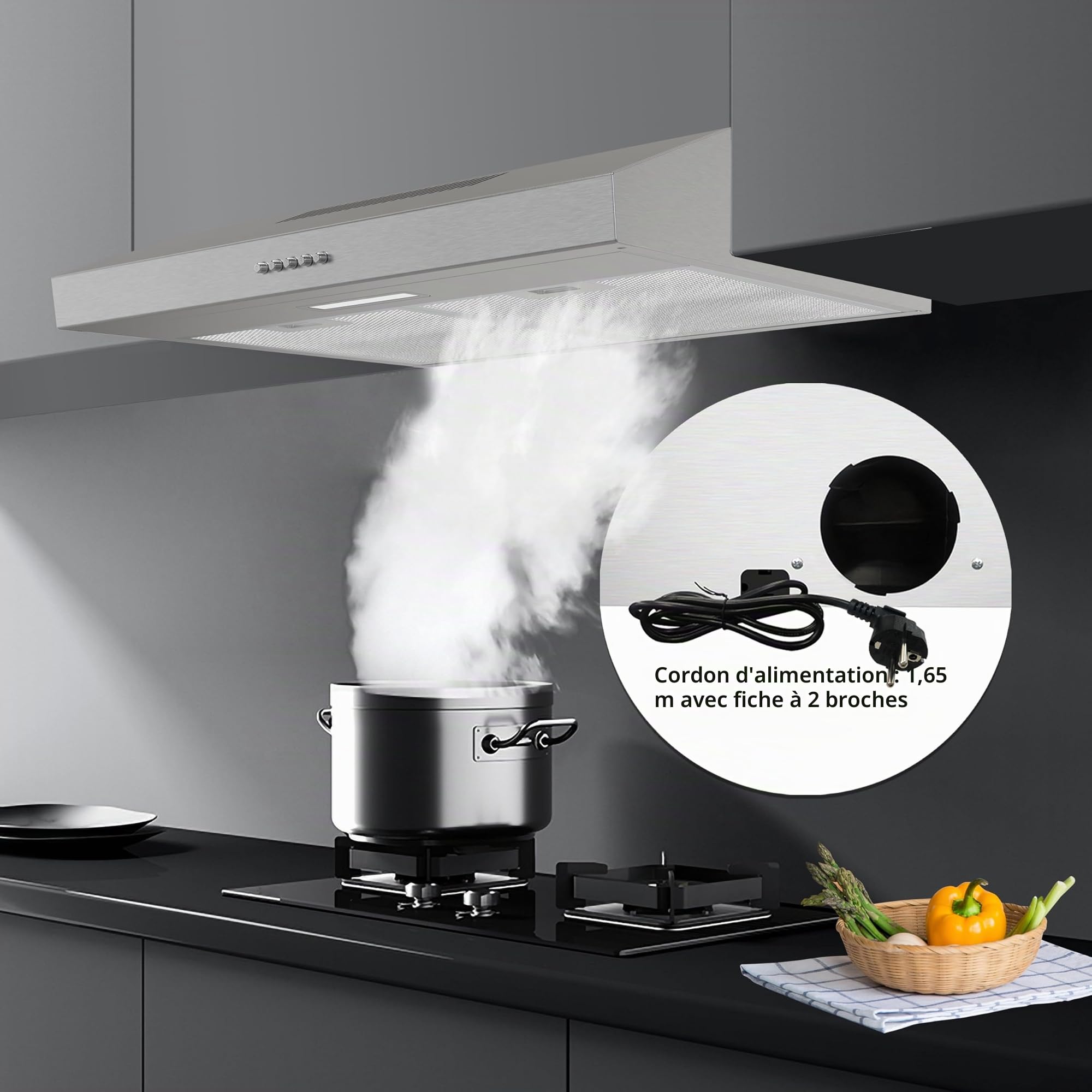 FIREGAS Hotte Aspirante 60cm, Extracteur de Cuisine Sans Évacuation, 3 Vitesses, Filtres en Aluminium Lavables, Filtres à Charbon inclus, Argent