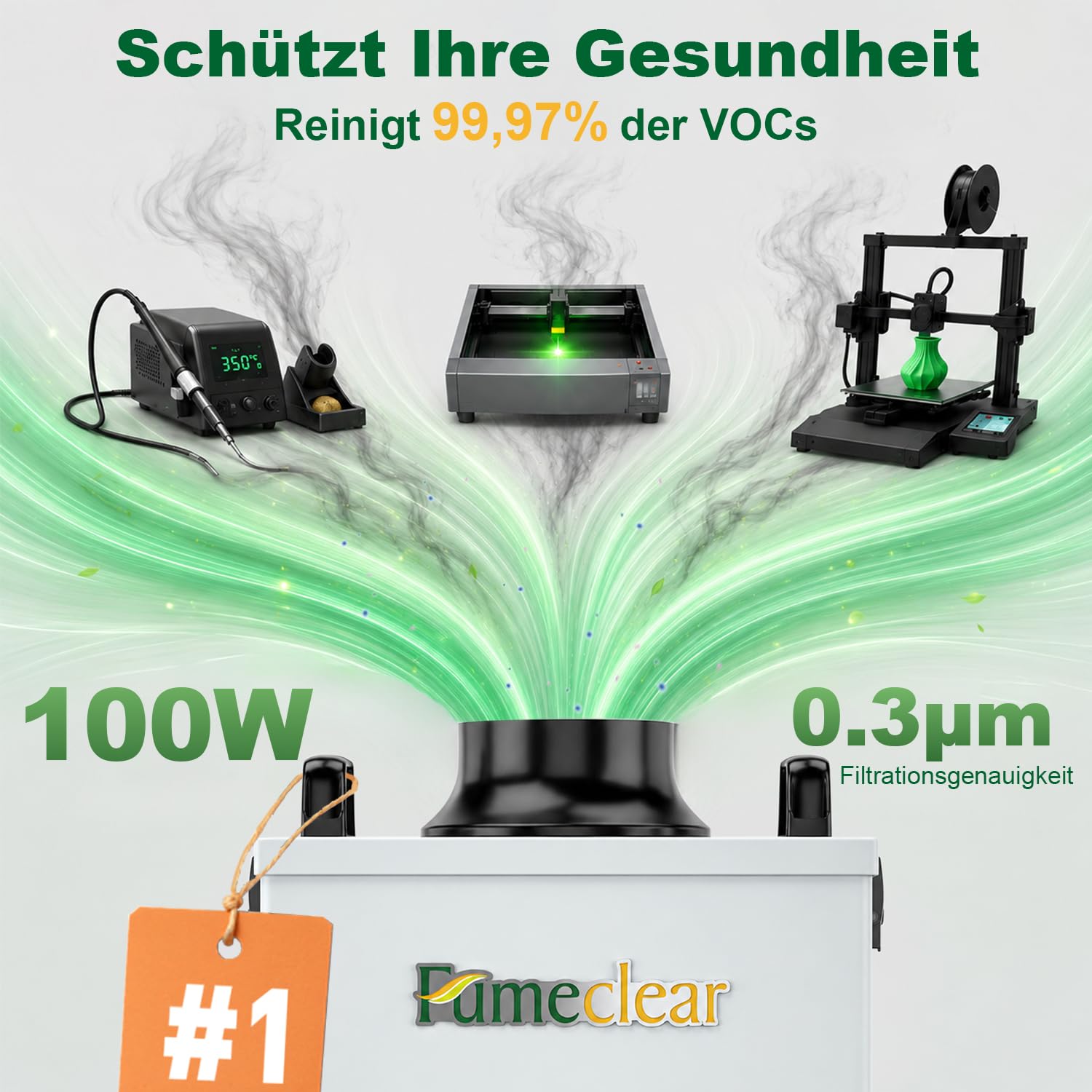 FumeClear FC-100A Lötrauchabsaugung Leistungsstarke 200 to 260m³/h Absaugung, Lötrauchabsorber, geräuscharmes, 3-stufiges Filtersystem mit 12 Filtern für Laserschweißen, Rauchabsaugung