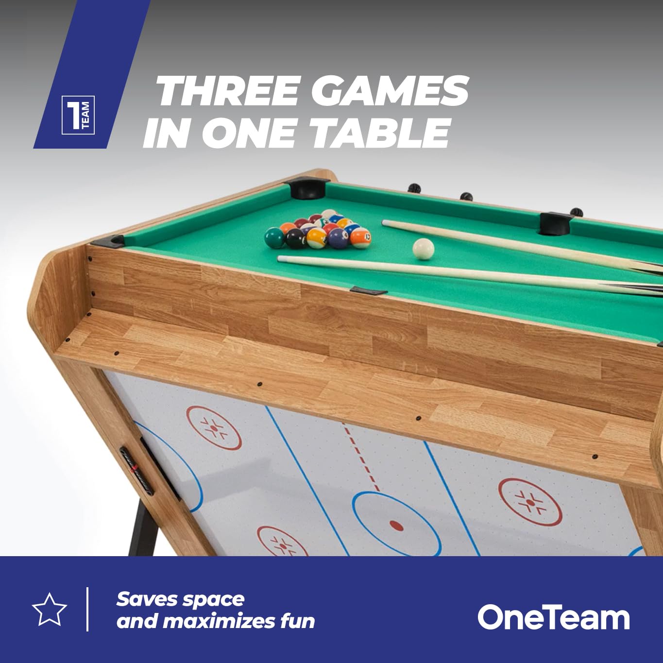 OneTeam FunArena 3en1 – Mesa de juegos: futbolín, billar, air hockey; multifuncional, estable, compacta con campos de juego intercambiables, ideal para el hogar, salas comunes y salas de juegos