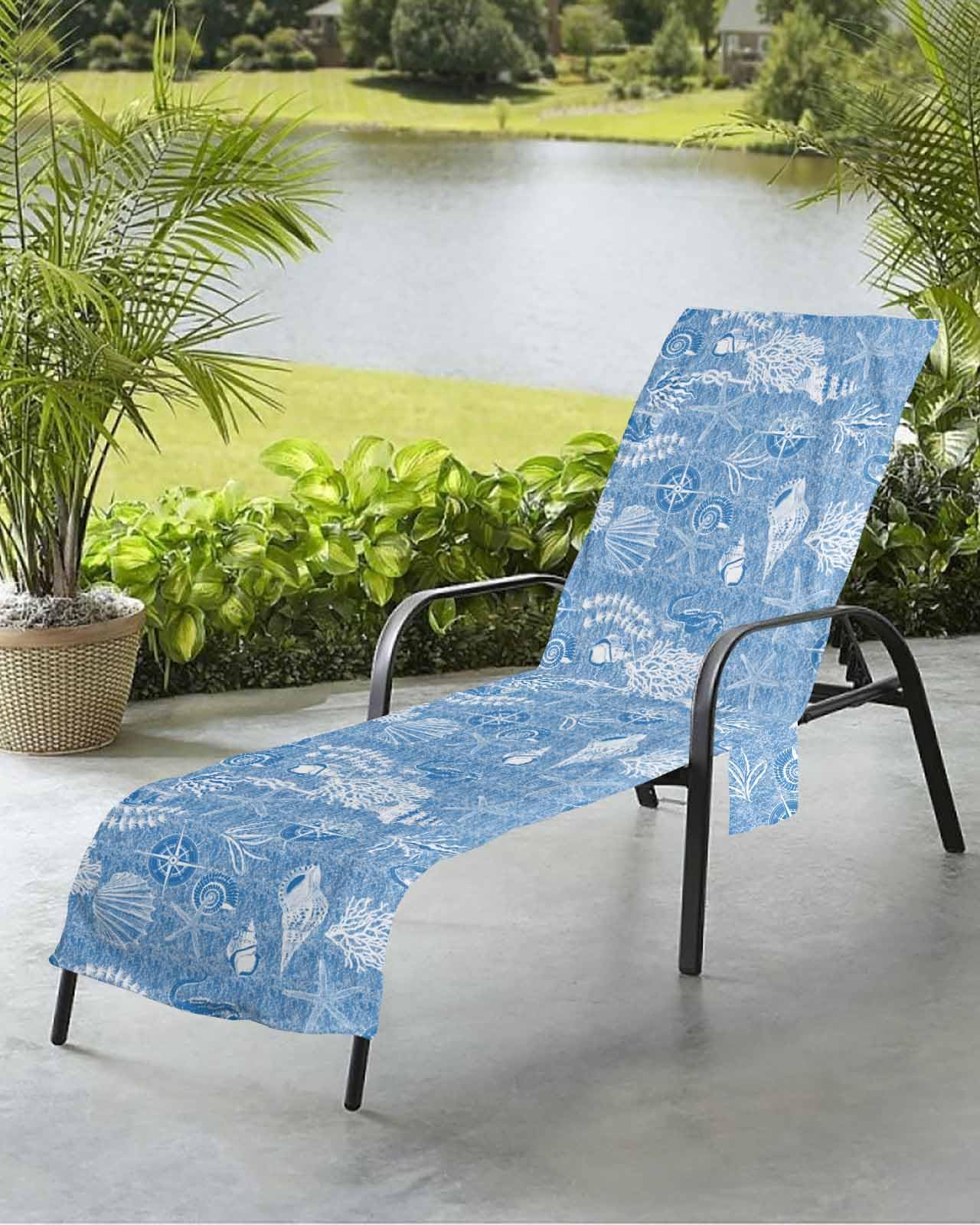 Summer Abstract Beach Chair Towel Covers for Chaise Lounge with Side Pocket, Soft Plush Pool Towels Cover for Patio Sunbathing Outdoor 29''x85'' Water Grass Shell Starfish Blue