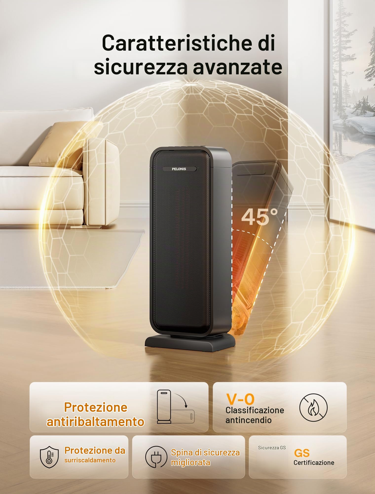 Pelonis 2000W Riscaldatore a Torre Elettrico Ausiliario con Telecomando, Efficienza Energetica, Riscaldatore Portatile in Ceramica per il Bagno, Protezione Contro il Surriscaldamento e l'Inclinazione
