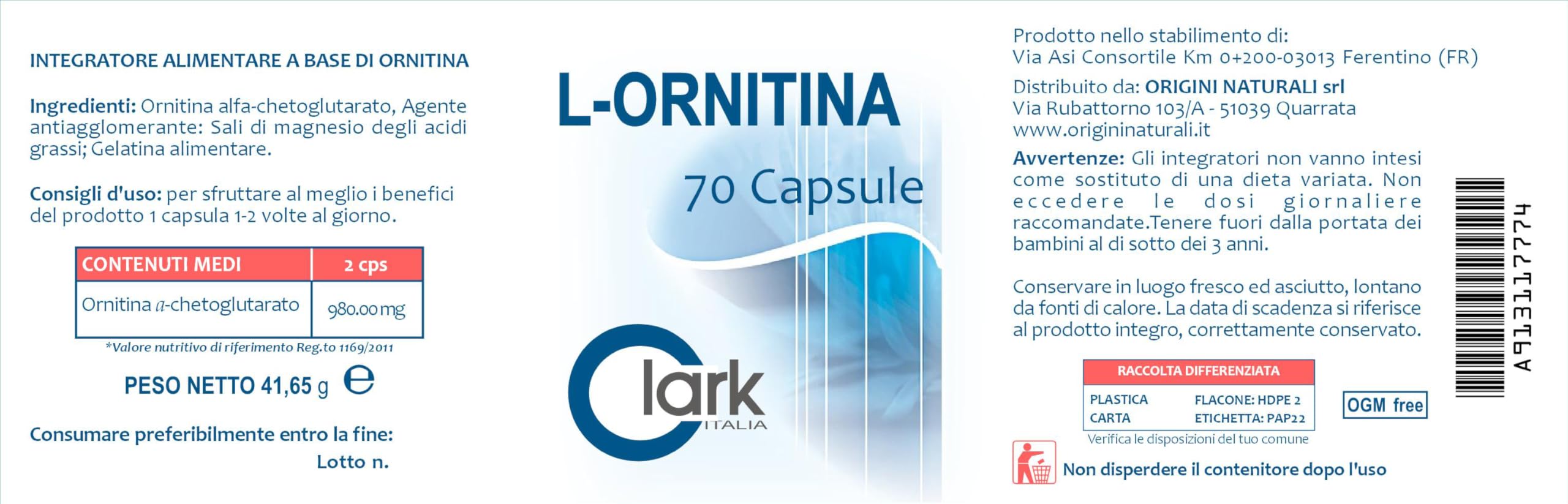 L ORNITINA Integratore Alimentare a base di Ornitina flacone da 70 capsule da 595 mg