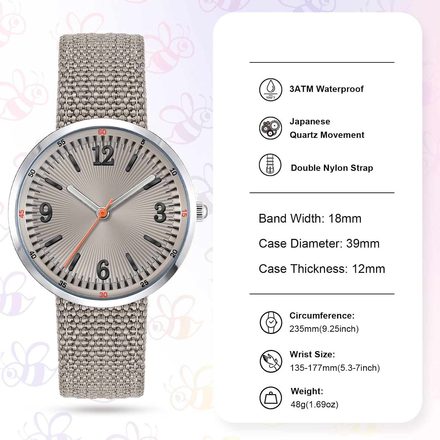 Bisley 39MM Watch for Women Comfortable Strap Arabic Number Easy to Read Waterproof Watch