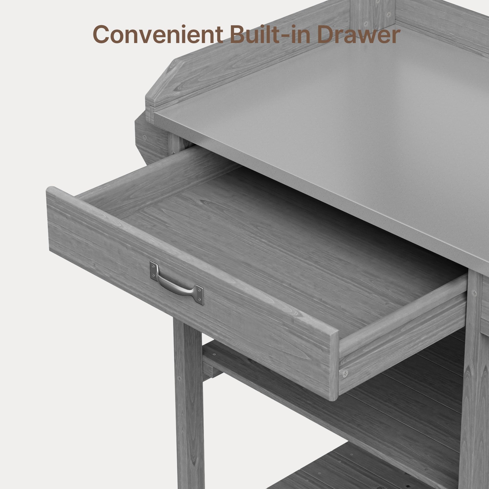 Xbro Pflanztisch mit Rollen Outdoor wetterfest, Gärtnertisch Holz mit Schublade & Ablagen, Blumentisch mit verzinkter Arbeitsplatte & Haken für Balkon Terrasse Garten, 112x43x121 cm, Grau