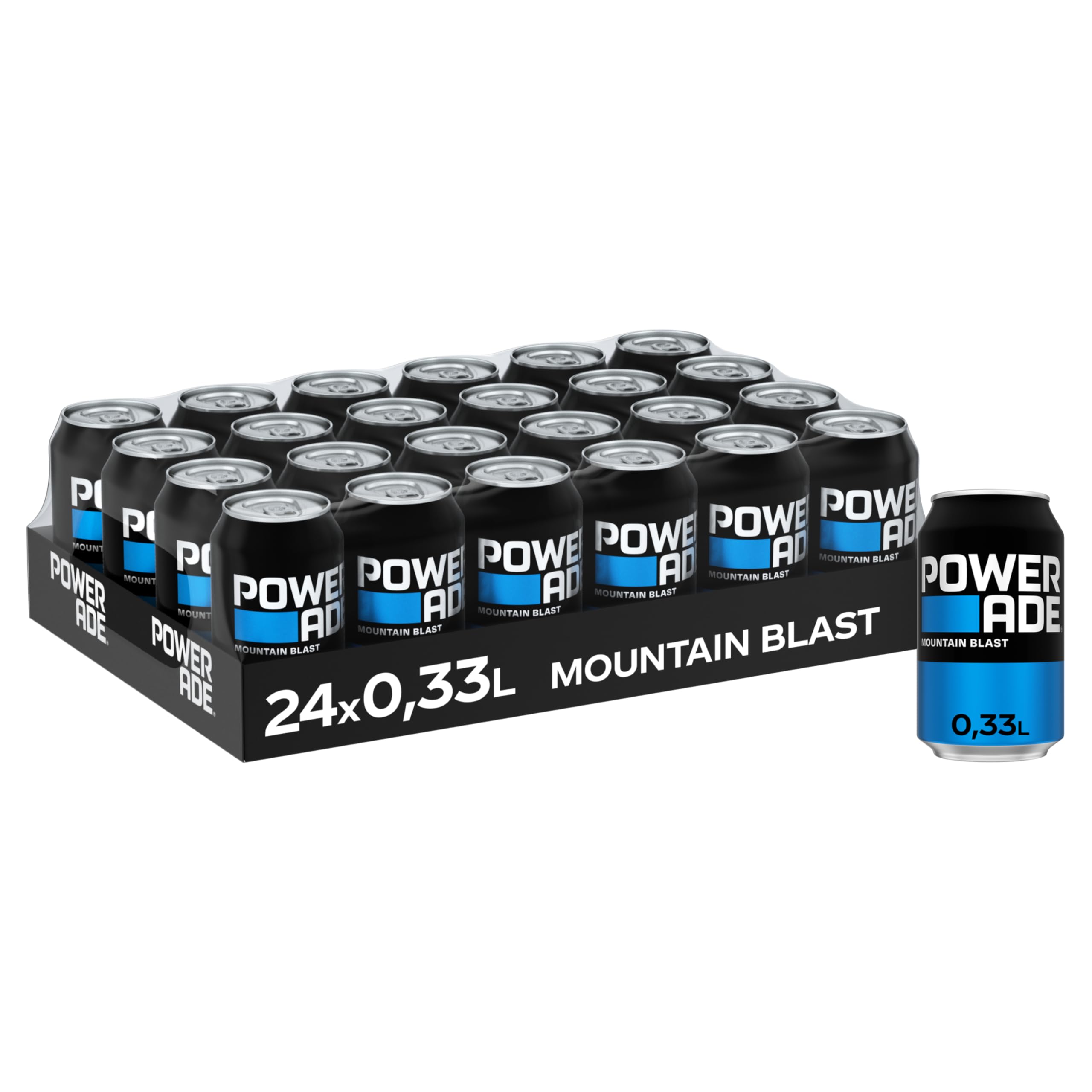 Powerade Sports Mountain Blast - kalorienarmes, isotonisches Sportgetränk mit exotischem Fruchtgeschmack - Elektrolytgetränk in in Einweg Dosen (24 x 330 ml)