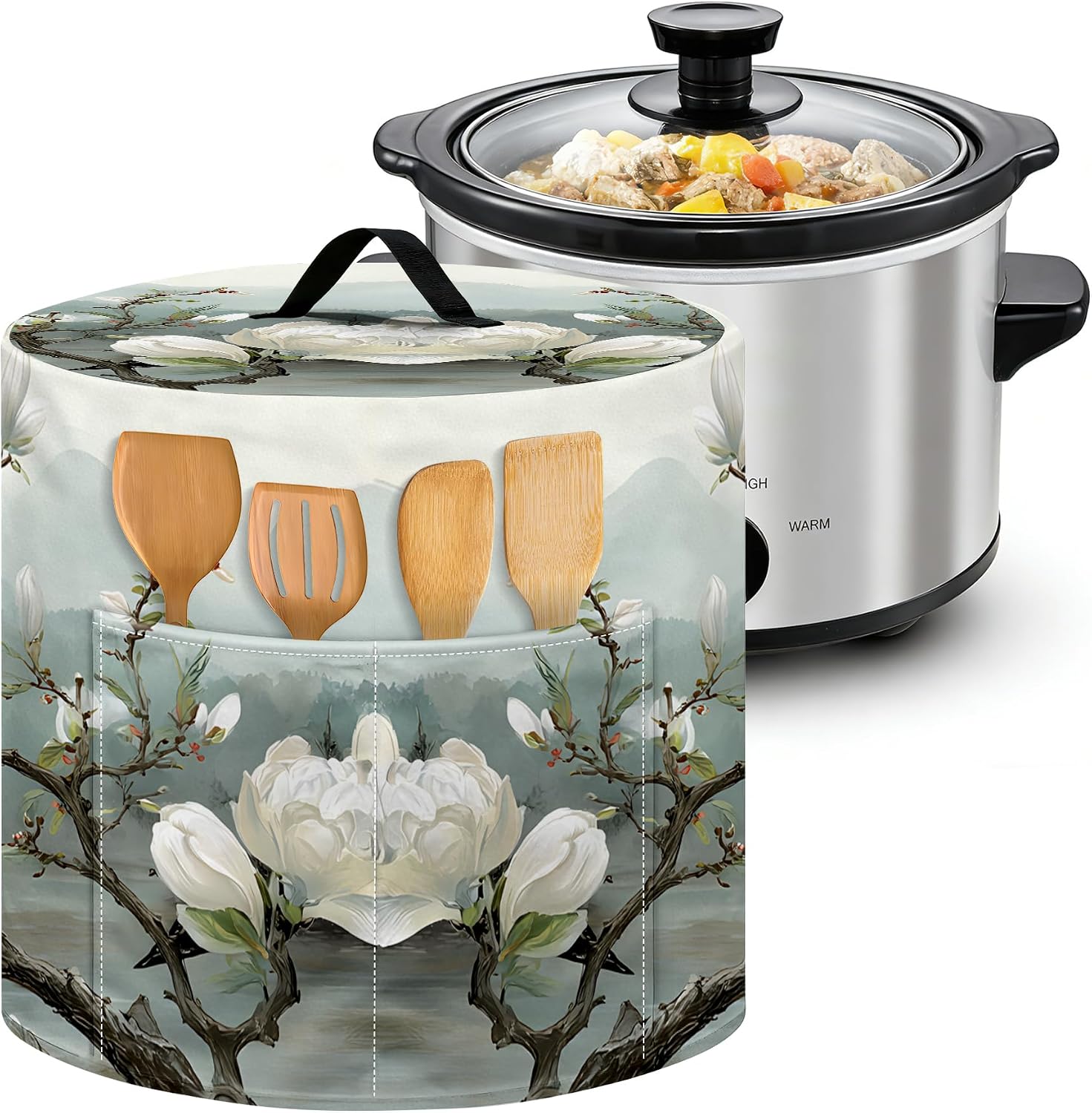 NYZE Magnolia Flower Kitchen Small Appliance Dust Cover for 6 Quart Pressure Cooker Slow Cooker, Decorative Covers with Top Handle & Storage Pockets