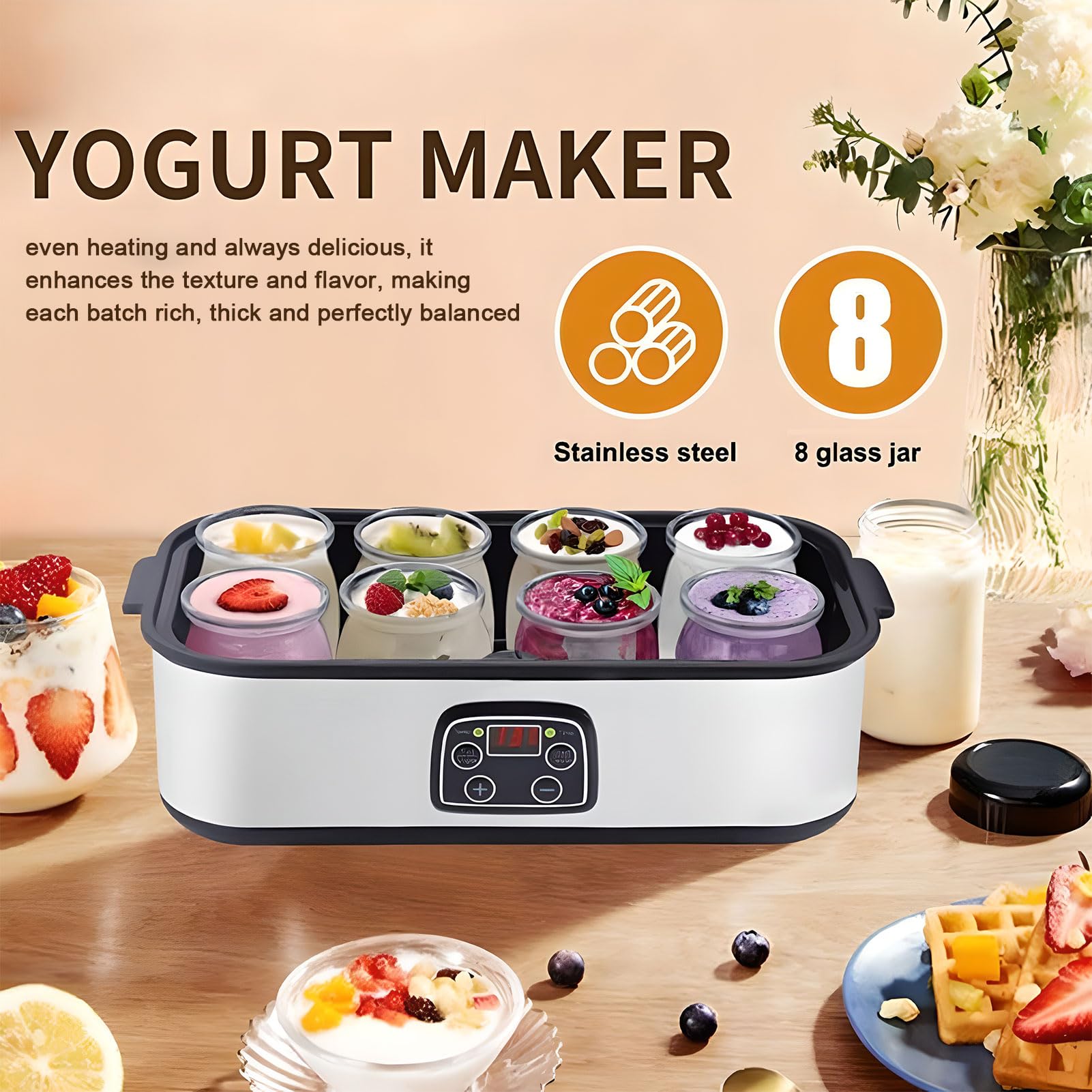 Yogurtera con control de temperatura y tiempo, capacidad de 1400 ml, incluye 8 tarros de vidrio para yogur casero