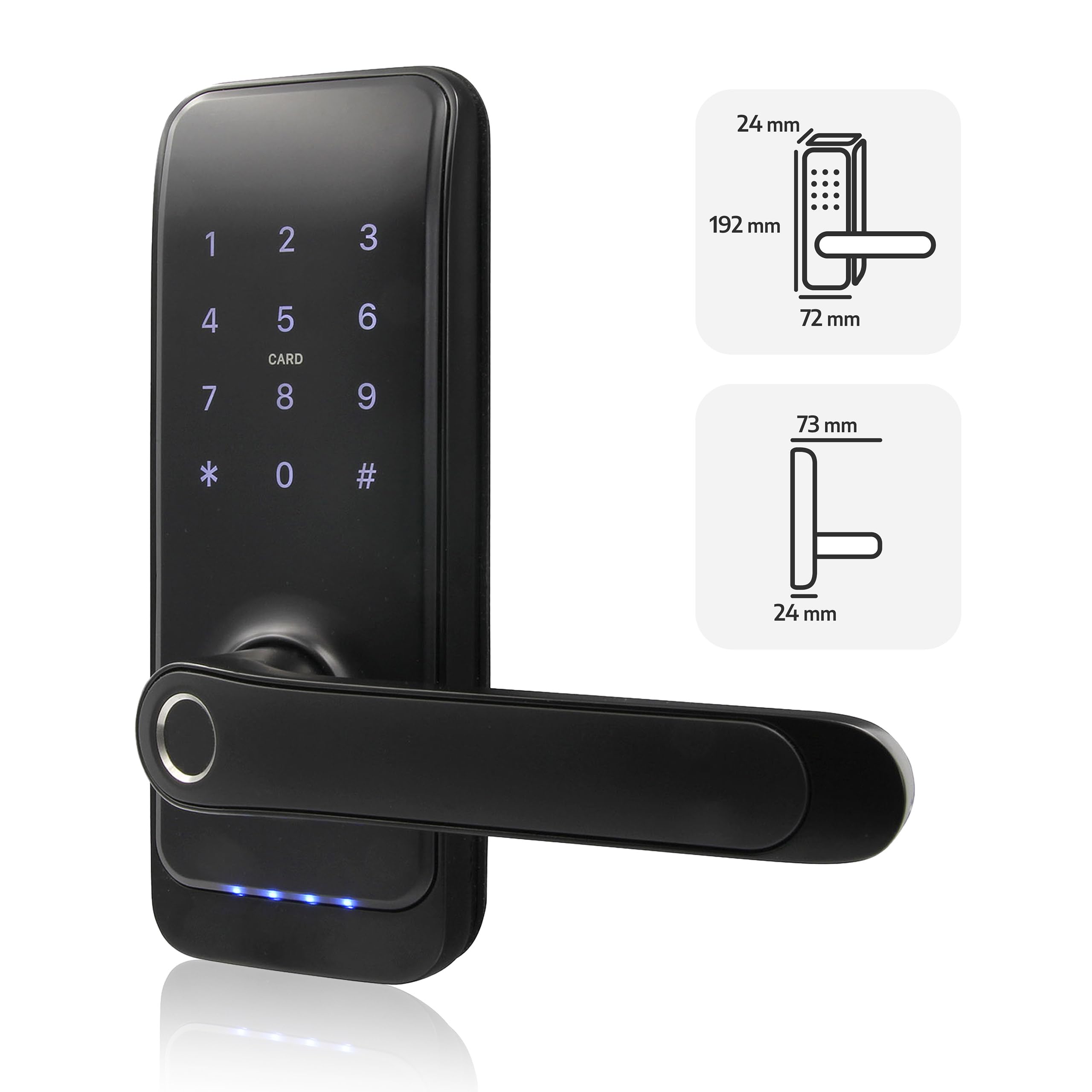 EURA ELH-01H4 Serrure de porte intelligente avec poignée, serrure à code, lecteur de proximité 13,56 MHz, lecteur biométrique, application TTLock/TTHotel, IP65, distance universelle des verrous, noir