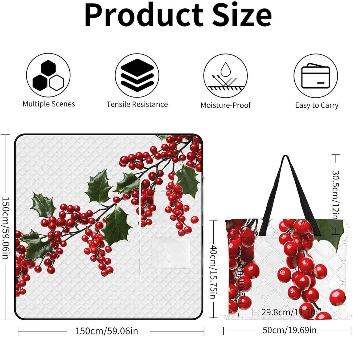 Holly Berry Branches Picnic Blanket with Zipper Water Resistant Sand Free Picnic Mat Washable Foldable Easy Carry Beach Blanket for Lawn Beach Hiking Camping