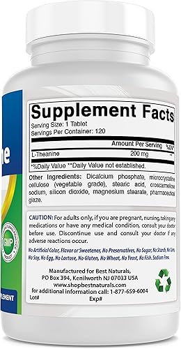 Miniatura 5 de Best Naturals L-teanina 200 mg por tableta (400 mg por 2 tabletas) - Promueve la relajación sin somnolencia - 120 tabletas vegetarianas - (120