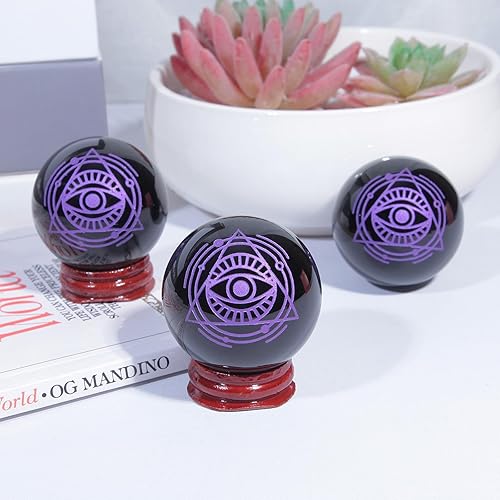 Miniatura 4 de Rockcloud Bola de meditación con esfera de piedra de obsidiana negra con base de madera para decoración del hogar