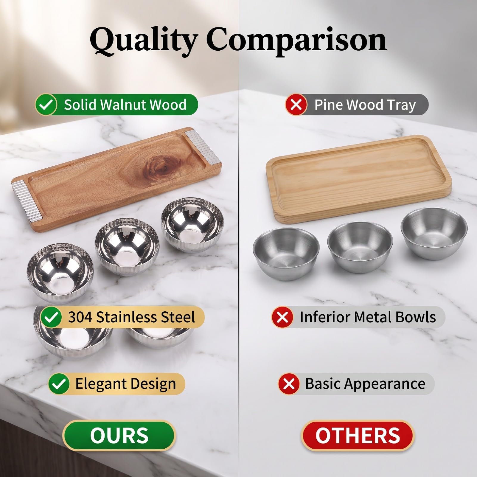 Plateau de Service en Noyer 3 Bols avec Inserts en INOX, pour