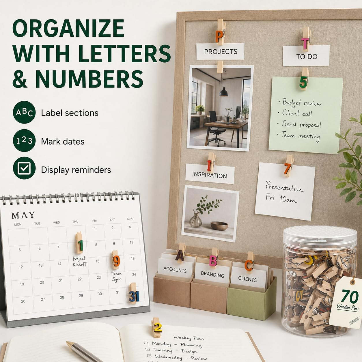 70 Pcs Alphabet Push Pin with Wooden Clip, Letter Clips Thumb Tacks for Cork Board, Bulletin Board, Photo Clip for Classroom, Home and Office Organization image 5