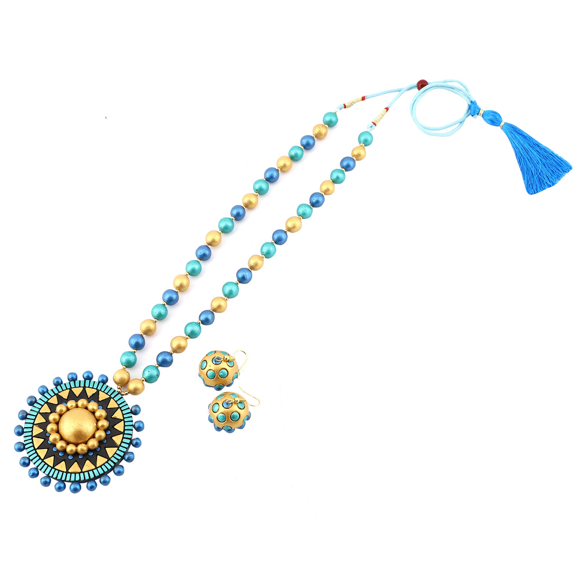 EKAM EK terracotta neckset with earrings for women and girls in BLUE SUN MOTIVE for casual and formal wear for saree, suit and skirt for festivals (B08V1L2N3P) Amazon Price History, Amazon Price Tracker