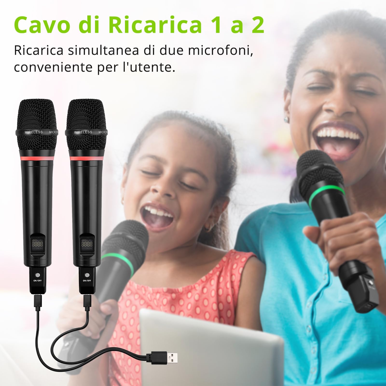 LiNKFOR Microfono Wireless UHF Ricaricabile Bluetooth 5.0 Doppio Microfono Portatile in Metallo, Ingresso/Uscita RCA, Uscita 6,35 mm Microfono Senza Fili per Macchina Karaoke, Mixer, Sound Bar
