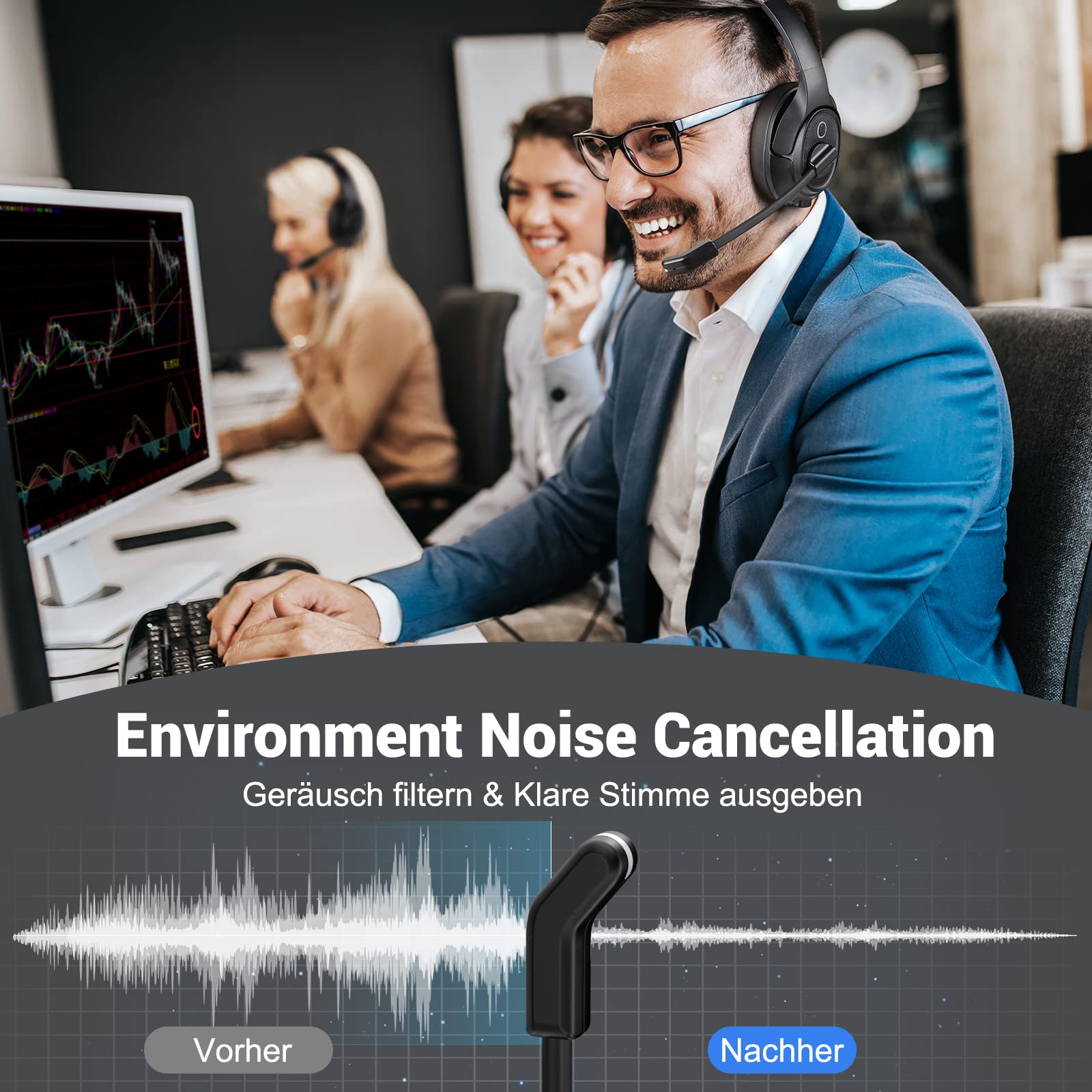 EKSA H6 Bluetooth Headset mit Mikrofon & USB Dongle [55 Stdn & 10M Reichweite] Wireless PC Headphones mit AI Rauschunterdrückung Mic, Over Ear Headset für Business/Büro/Zuhause/Teams