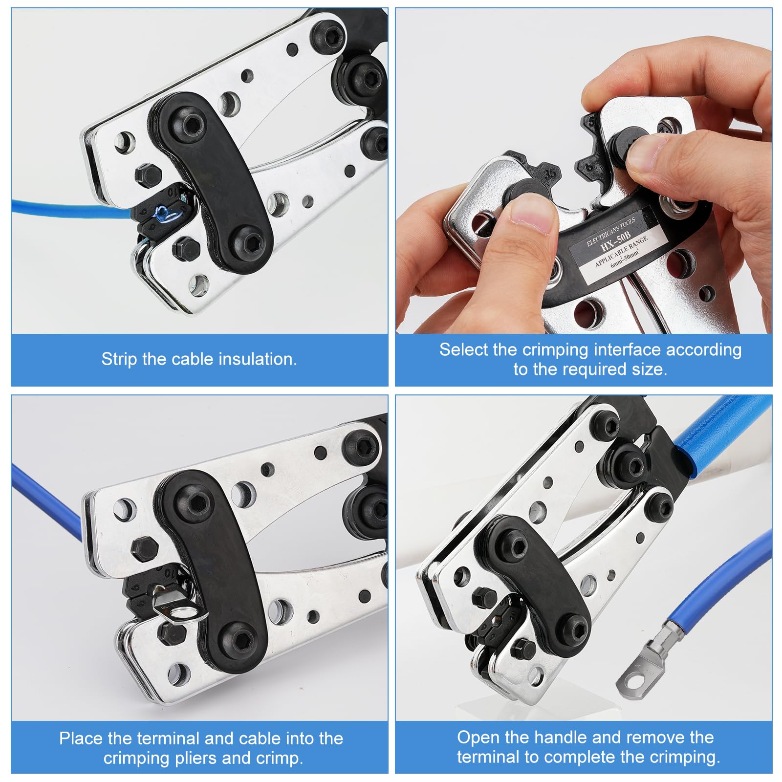 Pinza Crimpatrice Capicorda, Pinza Cavi Capicorda Elettrici Batteria, Strumento per Crimpare Fili Elettrico Capicorda, Crimping Tool, per Crimpare Cavi da 6 a 50 mm² (10-1/0AWG)