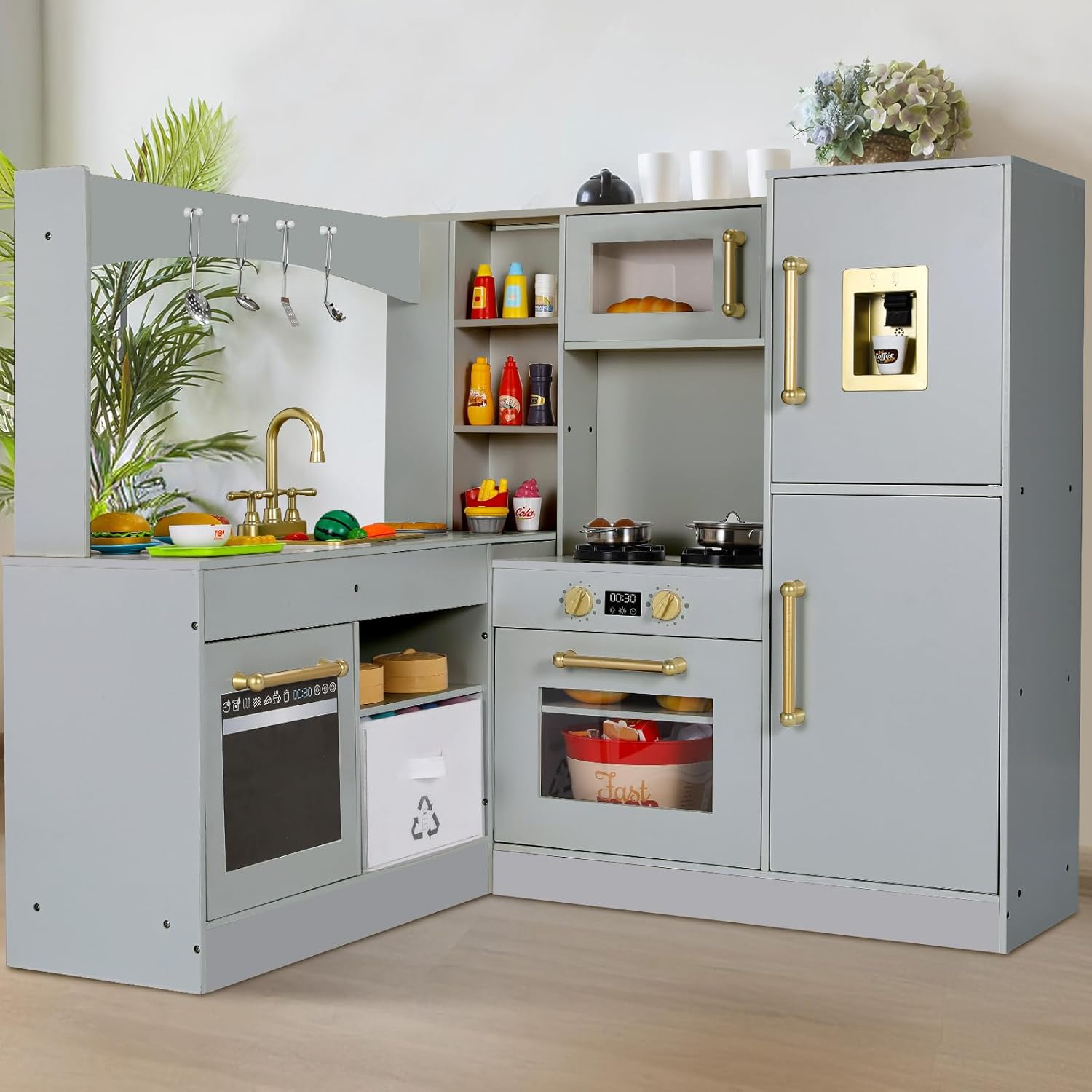 MAMIZO Corner Play Kitchen for Kids, Wooden Pretend Toy Kitchen, Large Toodler Cooking Playset w/Refrigerator, Stove w/Light & Sound, Disinfection Locker, Water Dispenser, Sink, Home Modern (Gray)