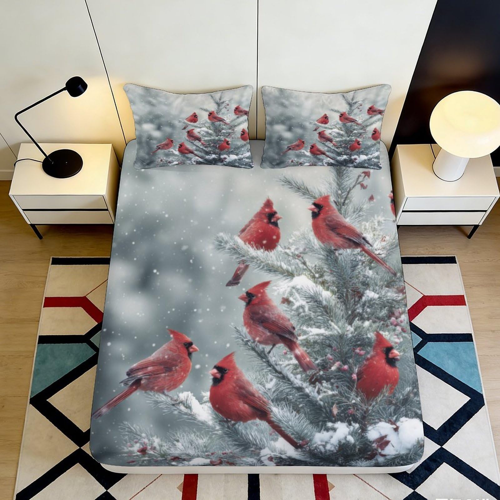 3D Printed Red Cardinal Birds Fitted Sheet Microfiber Soft Grey Snow Tree Bed Cover for Bedroom Guest Room Decor 90x200x25cm