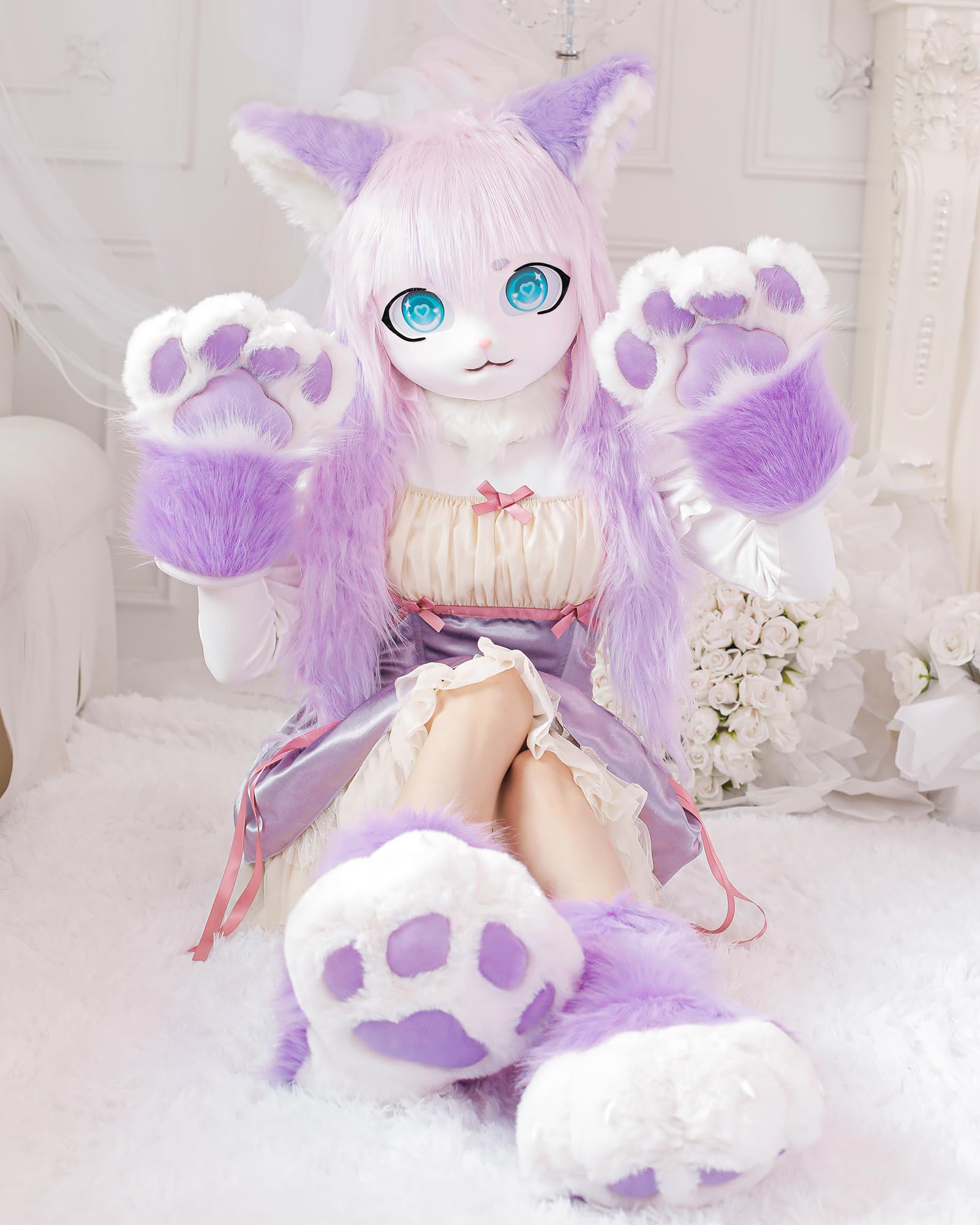 Cosplay Tierkatze Kunststoffkrallen für Fursuit Füße Pfotenschuhe Pelzige Pfotenpantoffeln Erwachsene Kostüm Zubehör Set (Purple)
