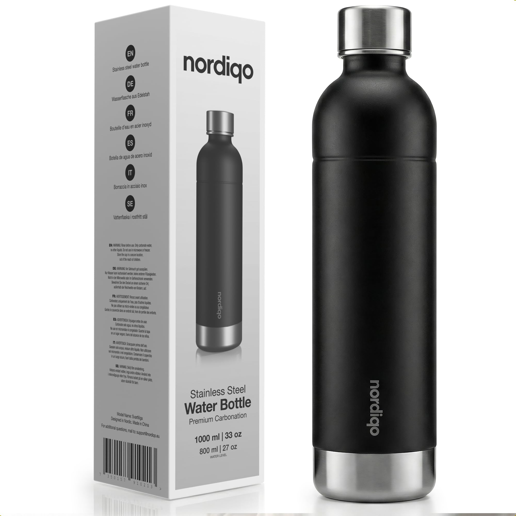 Nordiqo Stainless Steel Carbonating Bottle 1L | Compatible with Aarke Carbonator 3, SodaStream Duo & Plastic Bottles | Not for Crystal & Jet | No Expiry | Plastic-Free