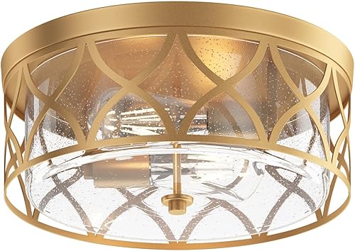 Miniatura 5 de Aiwen Moderna lámpara de techo empotrada de 13.77 pulgadas de 2 luces dorada con pantalla de vidrio sembrado, lámpara de techo redonda industrial