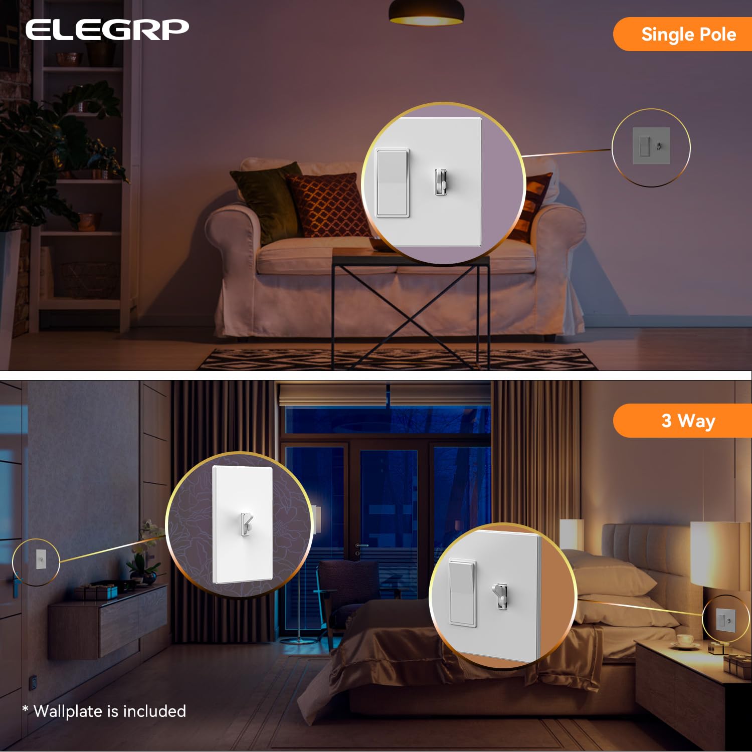 ELEGRP Digital Dimmer Switch for LED/CFL, Toggle Dimmer Switch with Decorative Frameless Design Wallplate, Single Pole/3-Way, UL Listed, 10 Pack, White