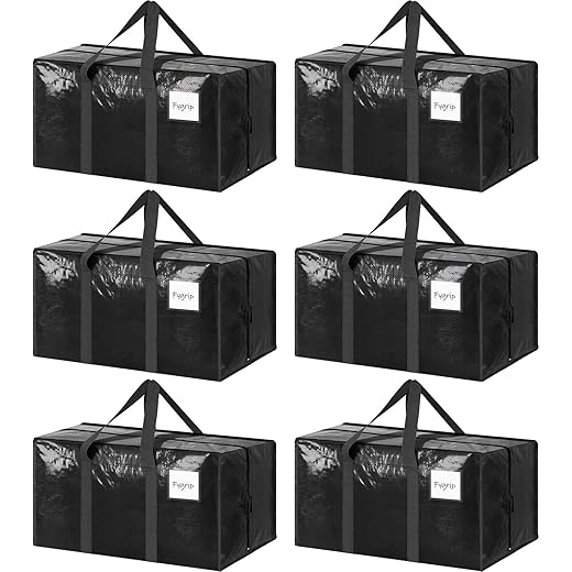 6 Pack Extra Heavy Duty Large Moving Bags with Strong Zipper & Comfortable Handles, Sturdy & Durable Clothes Storage Bags Totes Bins, Packing Moving Boxes for College Supplies, Black