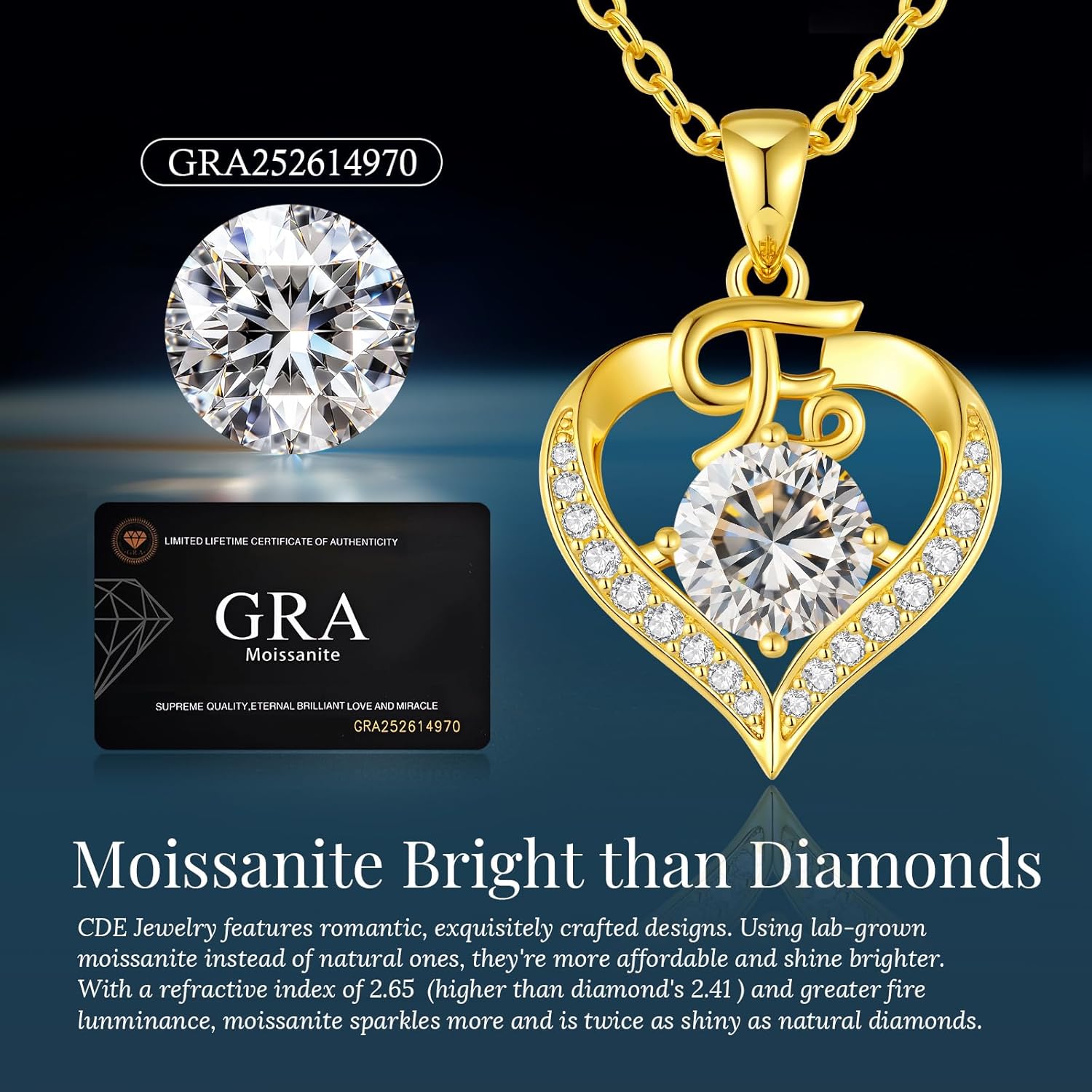 CDE Valentines Day Gift 18K Gold Plated Initial Love Heart 2 Carat Moissanite Necklaces for Women 925 Sterling Silver Jewelry Christmas Anniversary Birthday Present Gifts for Wife Lady Girlfriend Her - Image 4