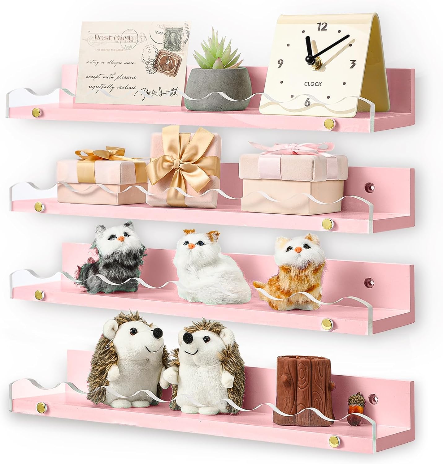 4-Pack 16.5 Inches Nursery Book Shelves for Wall, Clear Acrylic and Wooden Floating Rack for Bedroom Kids, Scalloped Book Shelves, Toddler Room, Playroom & Nursery Decor