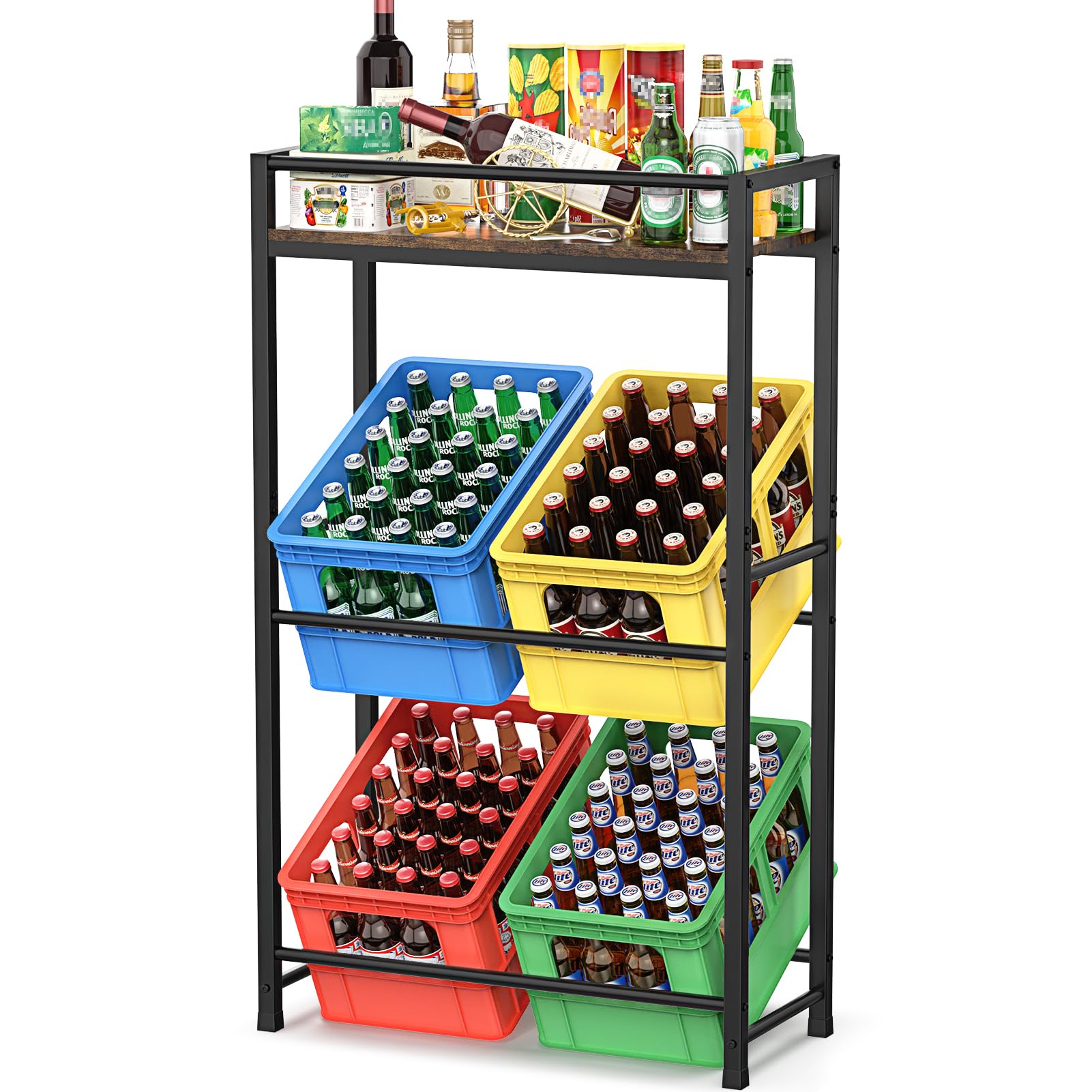 WELDUN Getränkekistenregal für 4 Getränkekisten mit Ablage, Metall Kistenregal mit 2 Ebenen für Bier, Obst, Gemüse, Wasser, Tragfähigkeit 300KG