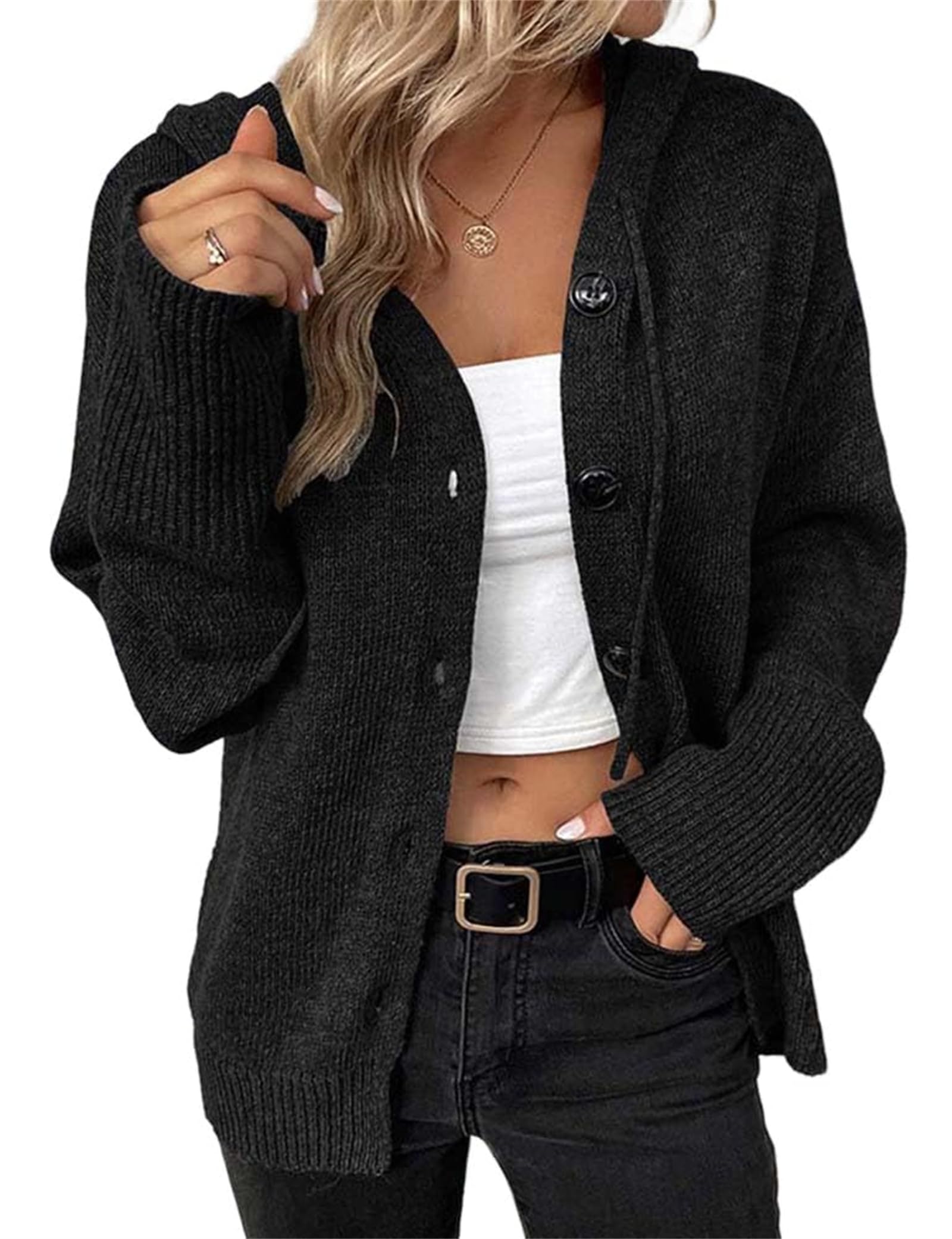 Damski sweter z guzikami, dekolt w serek i kapturem - styl casual | Lekki kardigan z dzianiny z kapturem – modny model jesienno-zimowy, luźny krój i otwarty z przodu