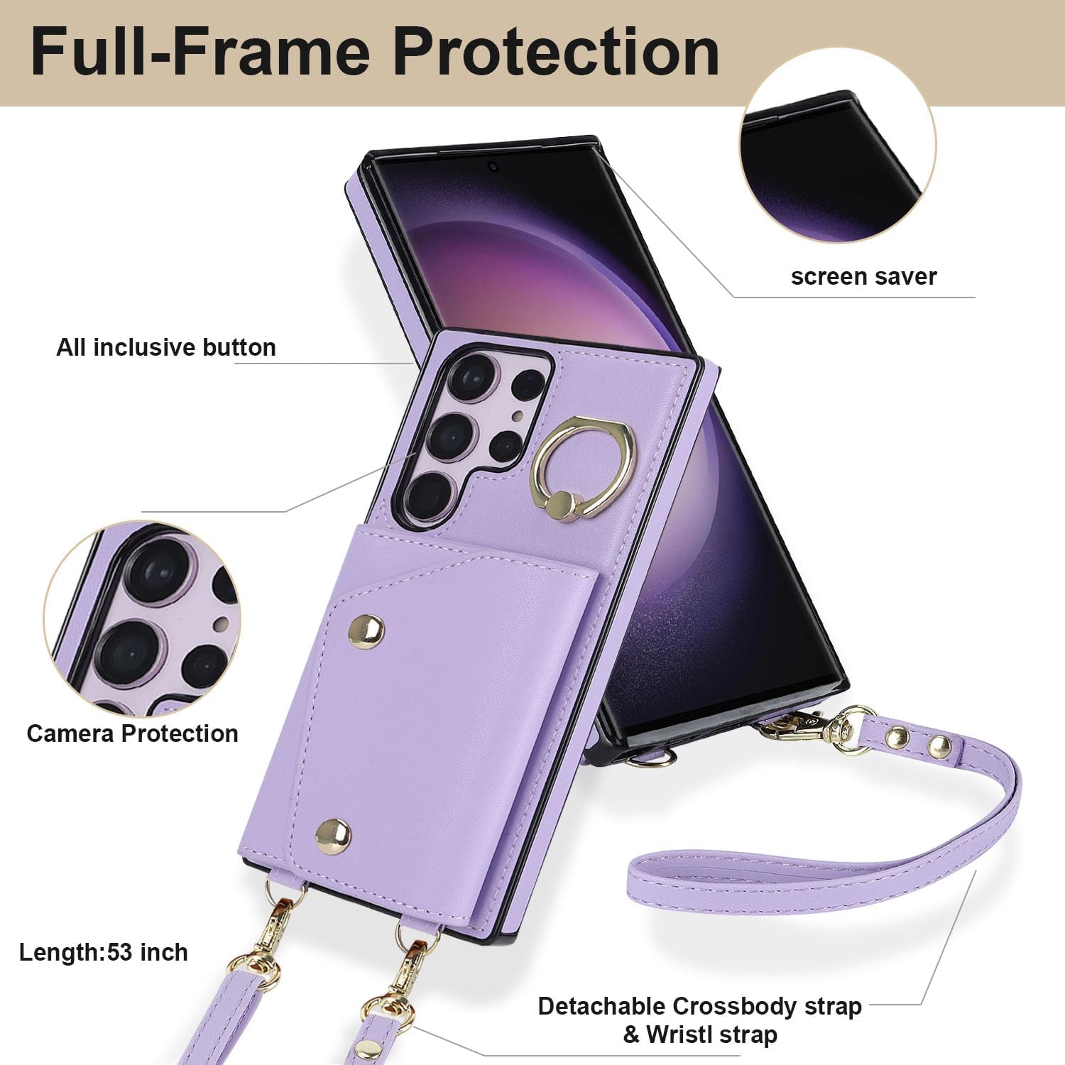 for Samsung Galaxy S24 Ultra Luxury Zipper Wallet Case with Ring, Multi Card Holder Adjustable Crossbody Strap, Fashion Wallet Bag.(Purple)