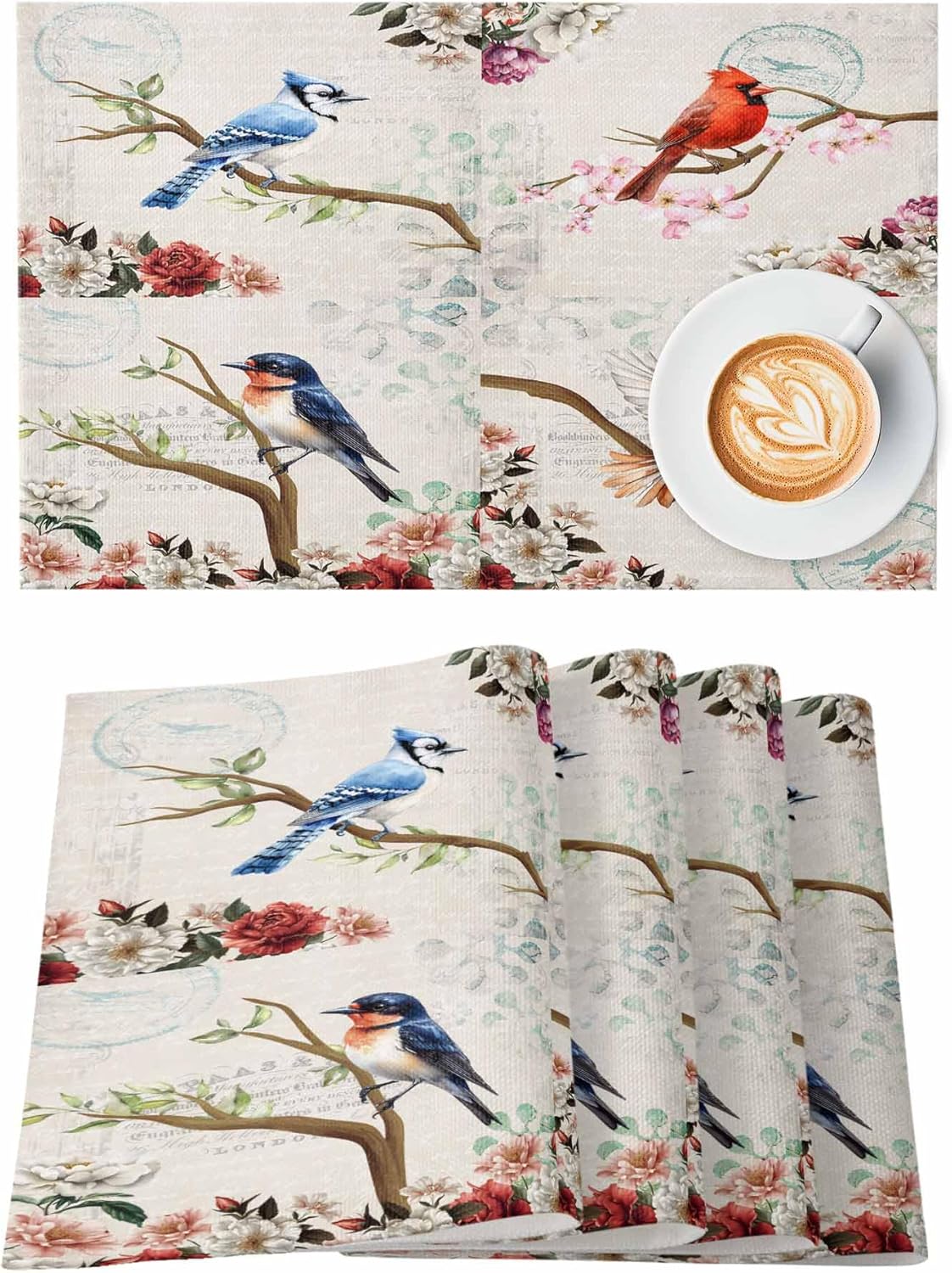 Placemats for Dining Table Set of 4, Bird and Floral Natural Painting Cotton Linen Table Mat for Wedding/Banquet/Baby Shower, Waterproof Cloth Place Mat 13''x19'', Red/Blue/Teal Bird in Patchwork