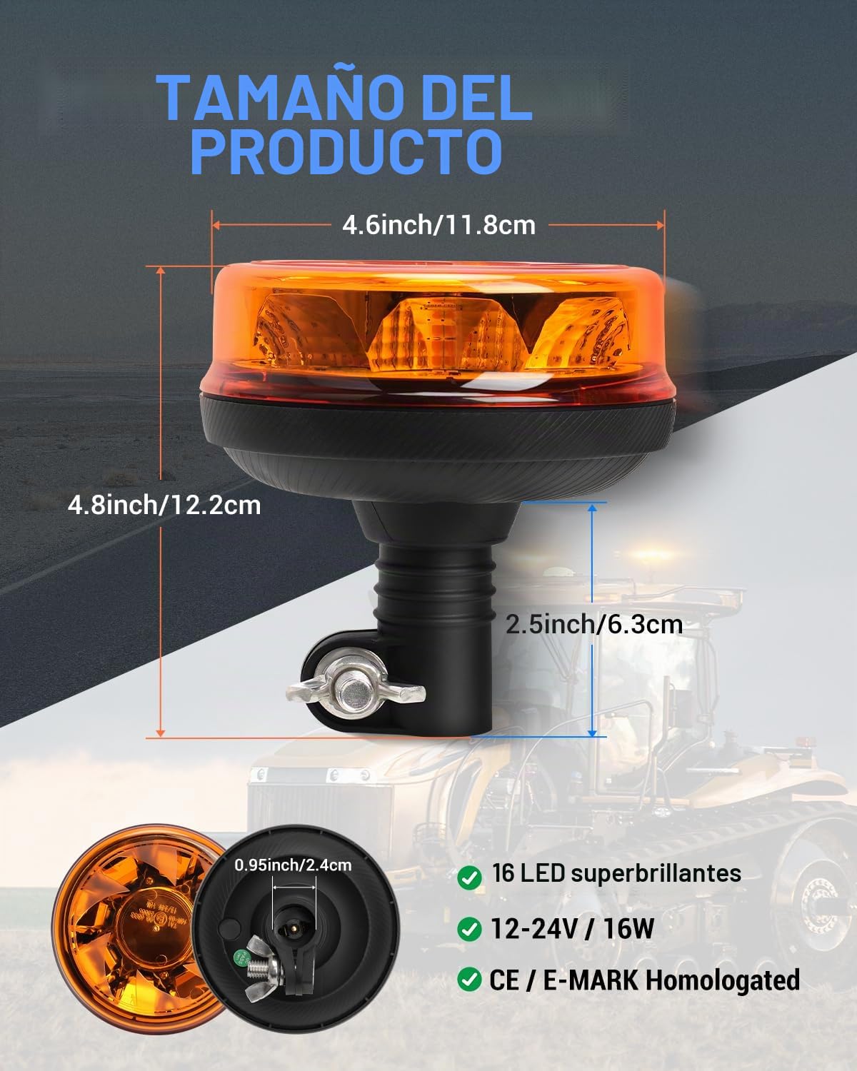 SUPAREE Rotativo Luz LED de Advertencia Rotativo LED Emergencia Rotativo Tractor 12V 24V Ámbar E9 6 Modos de Flash IP67 Impermeable para Camion Vehículo Remolque