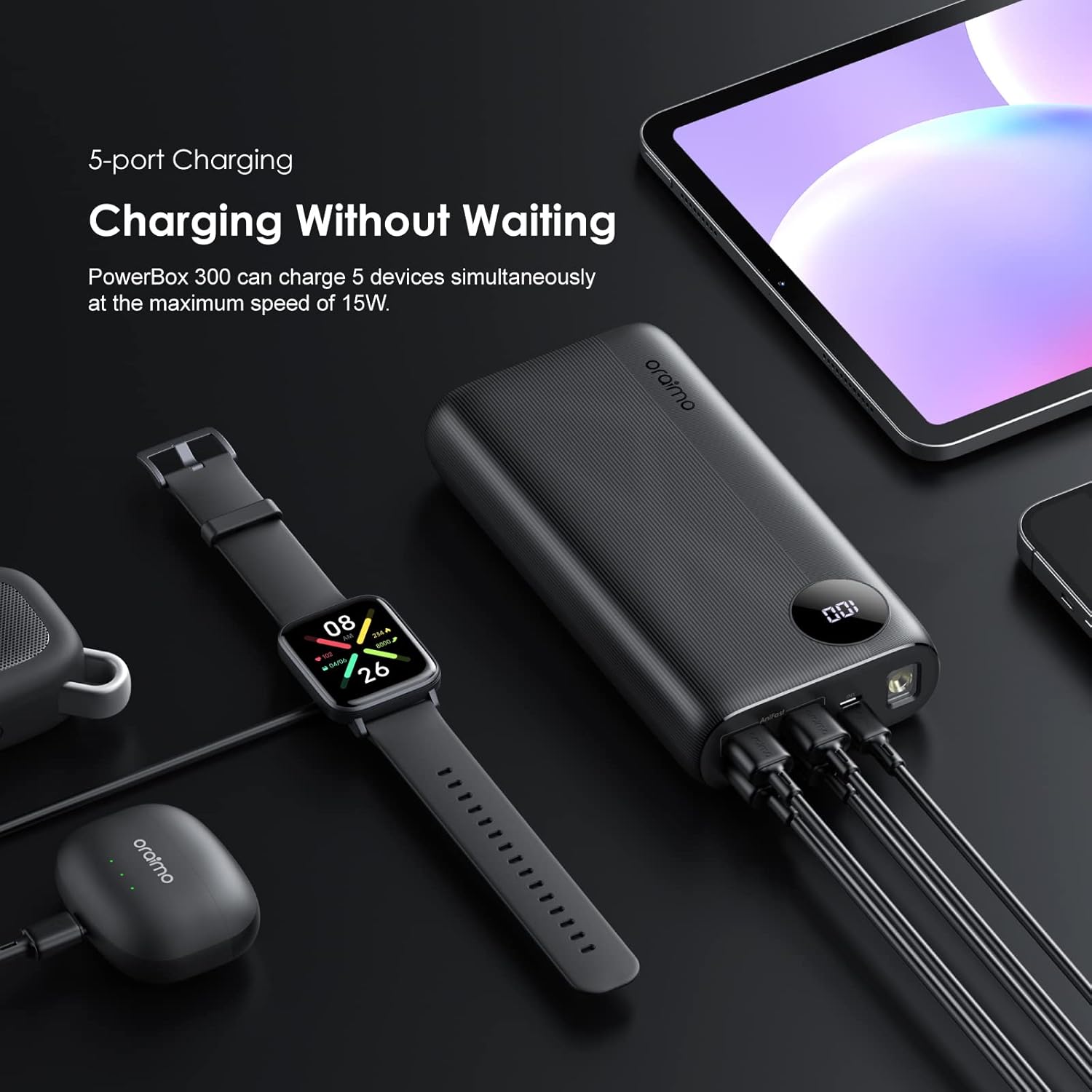 Oraimo Power Bank charging multiple devices simultaneously, including a smartwatch, earbuds, and a tablet.